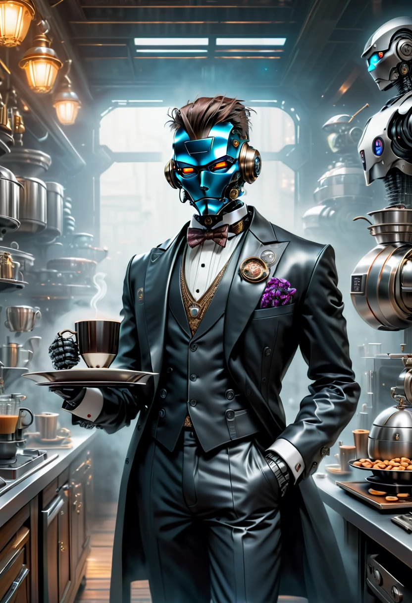 best qualtiy，8k，A high resolution，tmasterpiece，hyper-detailing，((1 robot butler))，（Robot, head made of titanium alloy machinery, body made of vibranium），wearing a tuxedo，Trousers，leather shoes，Holding a steaming cup of coffee on a tray in a futuristic cyberpunk kitchen，k hd，超k hd，studiolight，an ultrafine painting，tack sharp focus，physically-based renderingt，Extremely detailed description，professional，Bright colorokeh，On ArtStation，Popular on CGSociety，portraitureuture，Steampunk，Cyberpunk，sci fi art，number art，modern，Elegant，Exquisite，フォトリアリスティック，超フォトリアリスティック，Complex，Cyberpunk，Amazing，