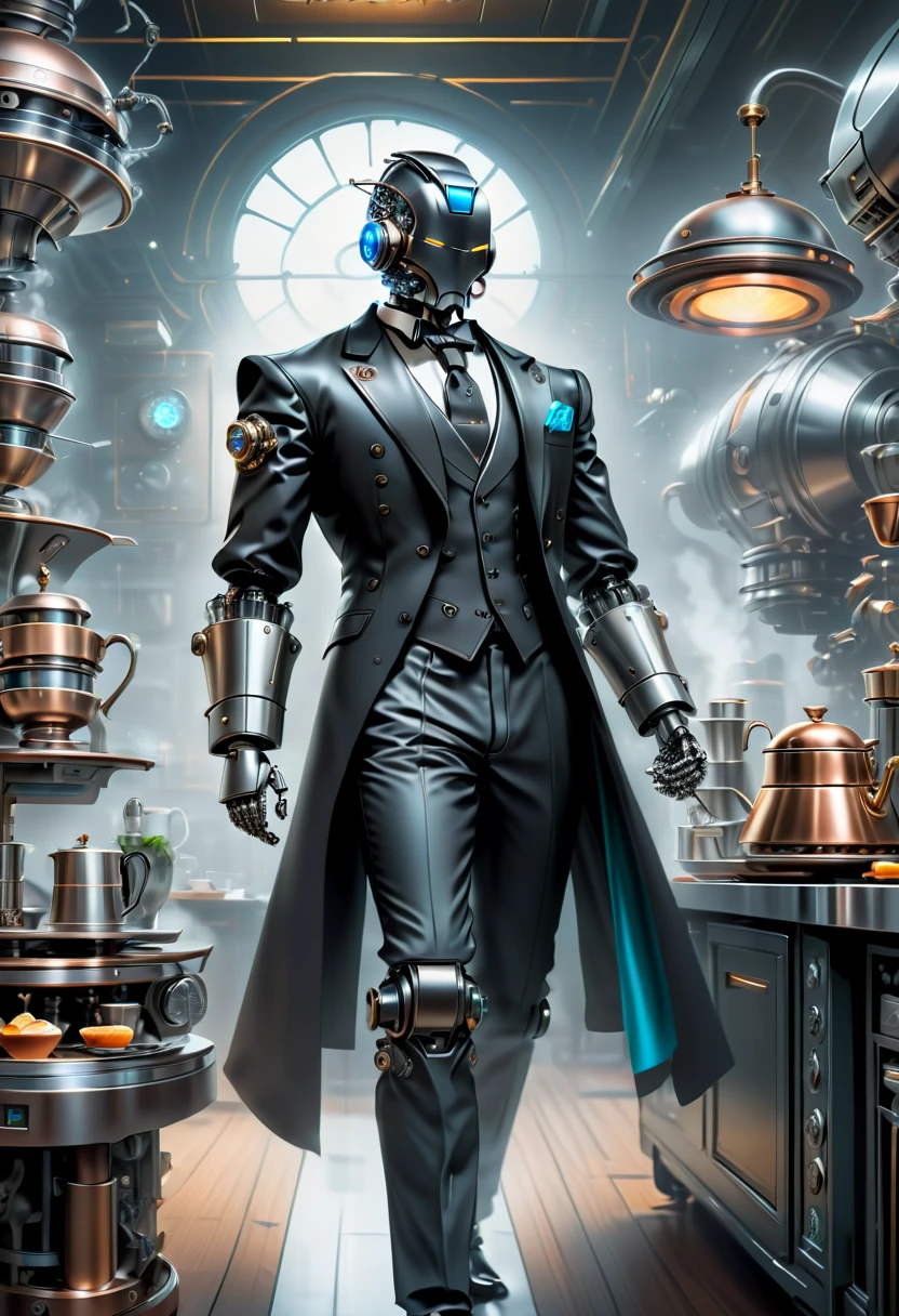 best qualtiy，8k，A high resolution，tmasterpiece，hyper-detailing，((1 robot butler))，（Robot, head made of titanium alloy machinery, body made of vibranium），wearing a tuxedo，Trousers，leather shoes，Holding a steaming cup of coffee on a tray in a futuristic cyberpunk kitchen，k hd，超k hd，studiolight，an ultrafine painting，tack sharp focus，physically-based renderingt，Extremely detailed description，professional，Bright colorokeh，On ArtStation，Popular on CGSociety，portraitureuture，Steampunk，Cyberpunk，sci fi art，number art，modern，Elegant，Exquisite，フォトリアリスティック，超フォトリアリスティック，Complex，Cyberpunk，Amazing，