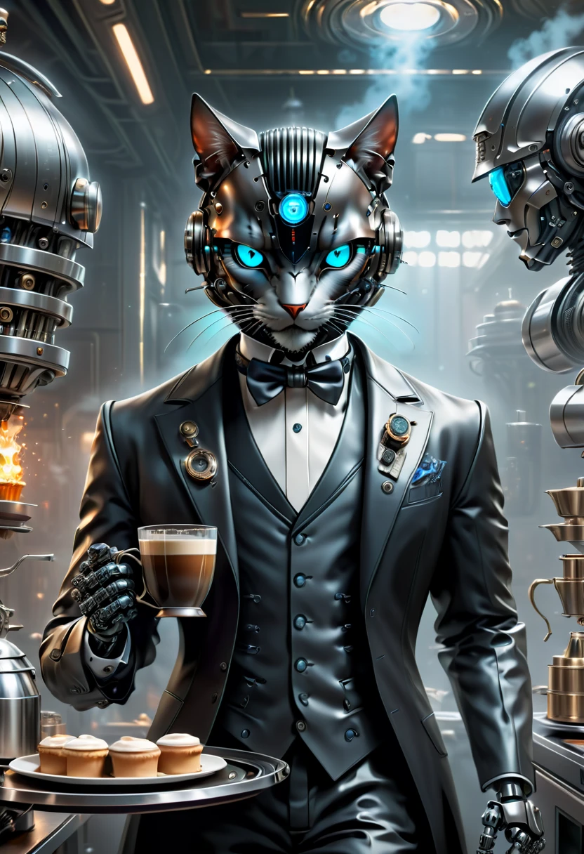 best qualtiy，8k，A high resolution，tmasterpiece，hyper-detailing，((1 robot butler))，（Robot, head made of titanium alloy machinery, body made of vibranium），wearing a tuxedo，Trousers，leather shoes，Holding a steaming cup of coffee on a tray in a futuristic cyberpunk kitchen，k hd，超k hd，studiolight，an ultrafine painting，tack sharp focus，physically-based renderingt，Extremely detailed description，professional，Bright colorokeh，On ArtStation，Popular on CGSociety，portraitureuture，Steampunk，Cyberpunk，sci fi art，number art，modern，Elegant，Exquisite，フォトリアリスティック，超フォトリアリスティック，Complex，Cyberpunk，Amazing，