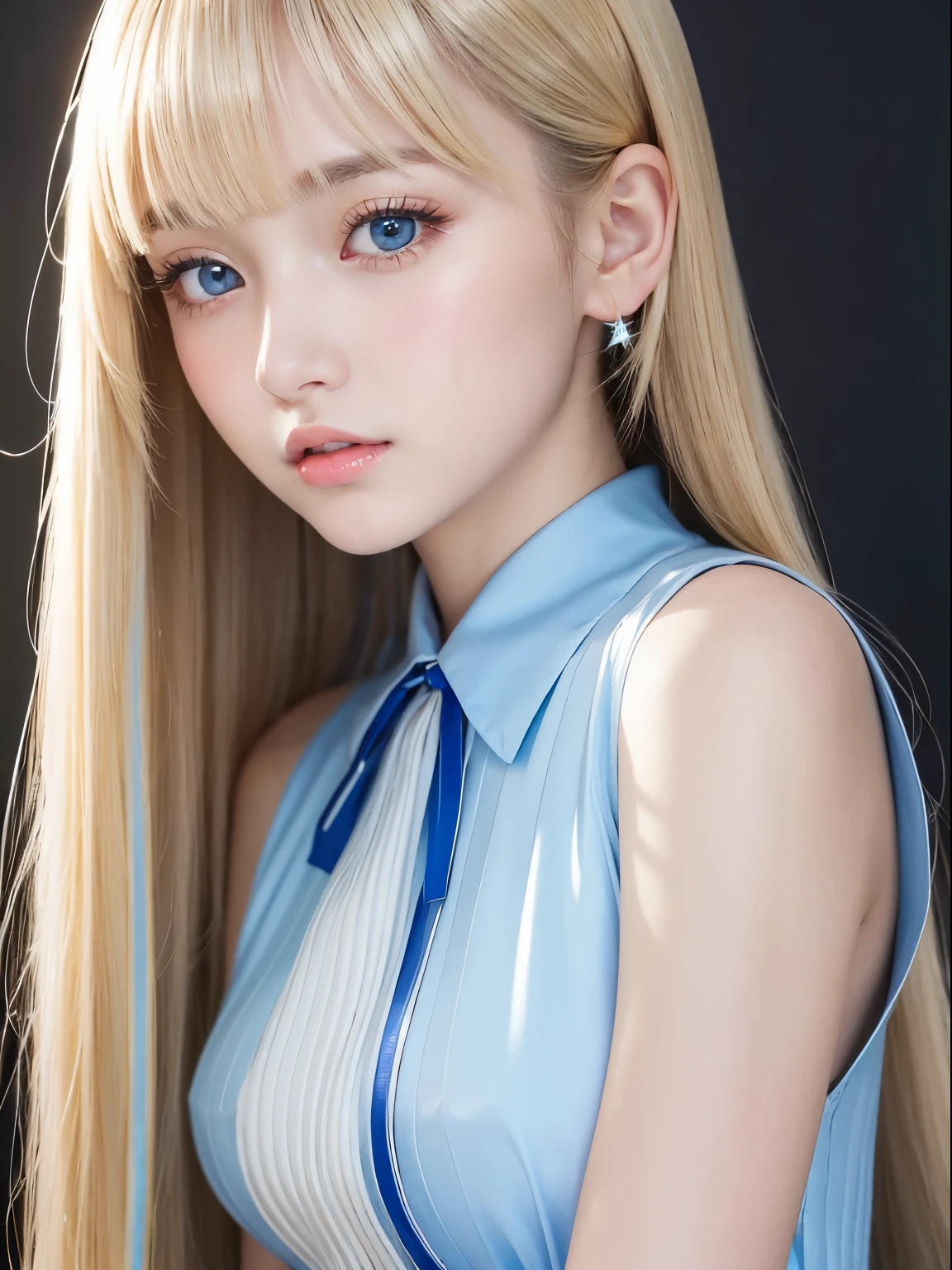 portlate、uniform correct expression、poneyTail、Young shiny shiny white shiny skin、Cheek highlight look or crystal clear blonde hair、Dazzling golden highlights、shiny light hair,、Super long silky straight hair、Beautiful bangs that shine、Big pale blue eyes like sparkling jewels、Very beautiful nice cute  girl、Lush bust