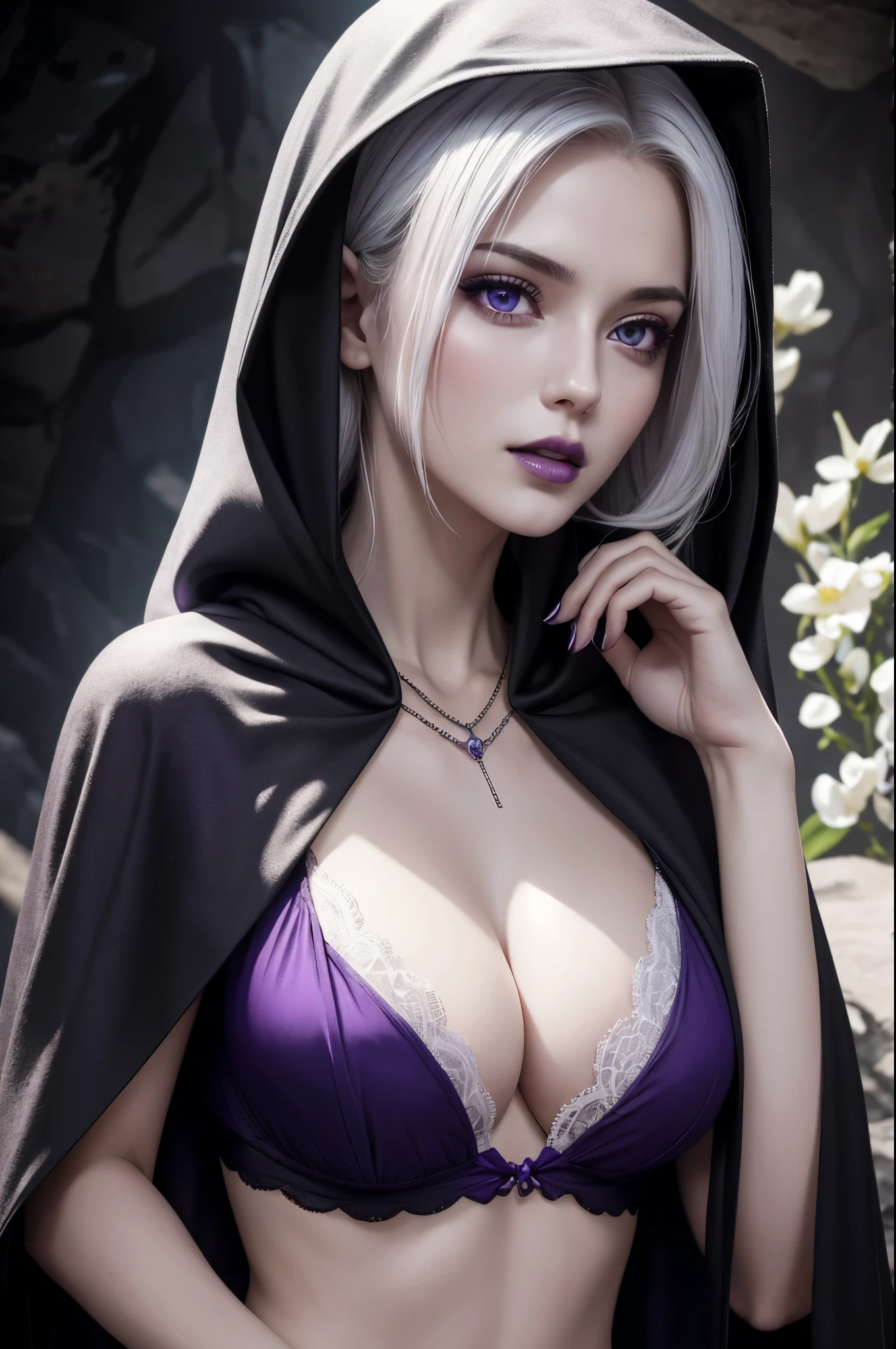8k,A hyper-realistic,(masutepiece, Best Quality) Daniela Dimitresc, 1womanl, white hair,Looking at Viewer, Open mouth, Blonde hair, Background, cleavage, real looking skin,Jewelry, medium small breasts, Underwear, Looking, Upper body, flower,black wings, tusk, hoods, Necklace, Cape, Bra, makeup, bug, lip stick,Inside the dark cave, Pedras preciosas, pale skin, veils,紫色の hoods up, Realistic, Black lips,超A high resolution,Purple Flame(purple effect),A sexy,
