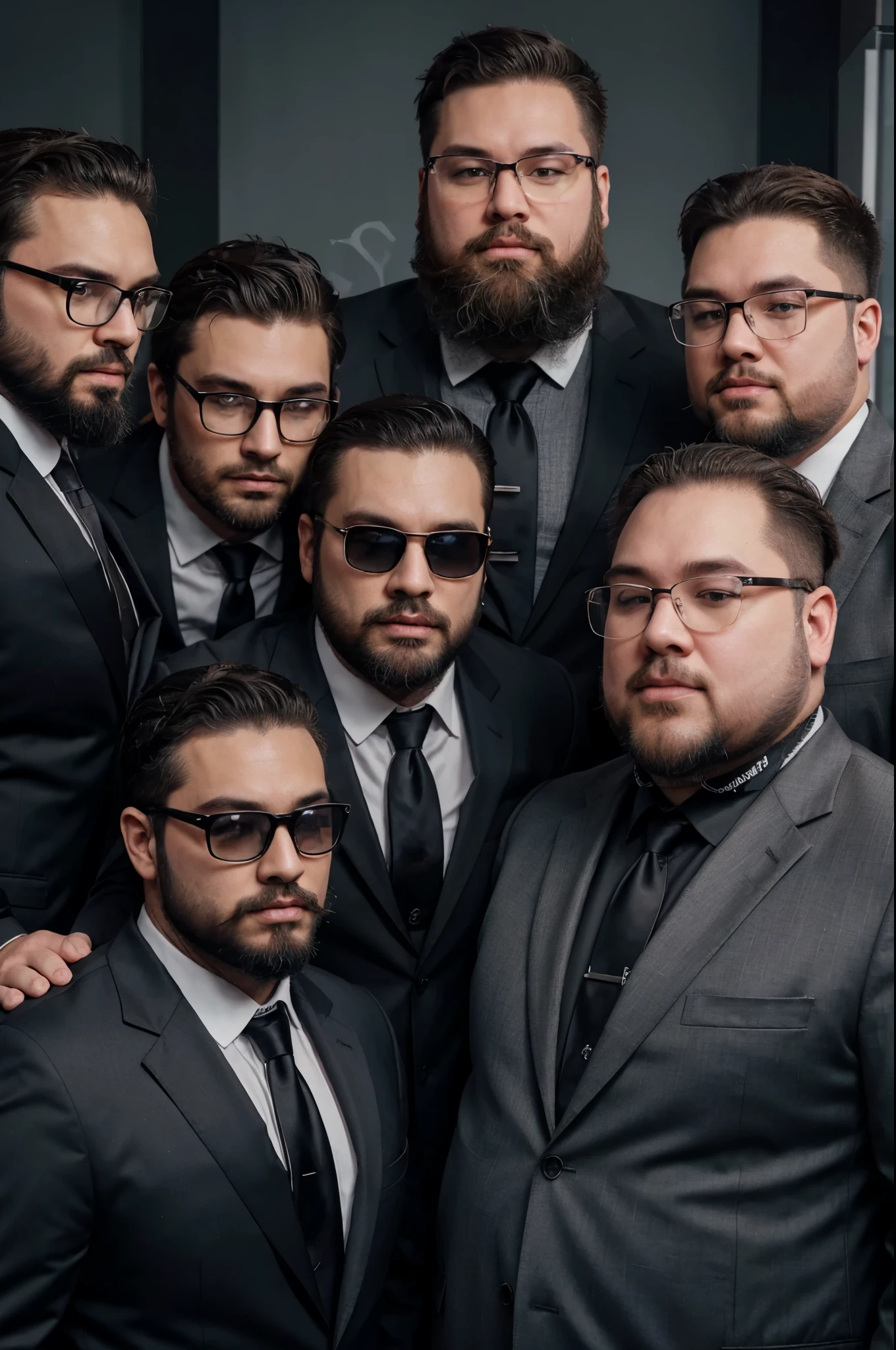 Group of 9 men (male) together as team, wear black and grey suits wearing Rayben glasses. ((1 little man)) ((4 beard men)) ((2 fat man)) ((2 male with on beard)). realistic picture, 8k quality, clear faces, fair skin tone, attractive men.