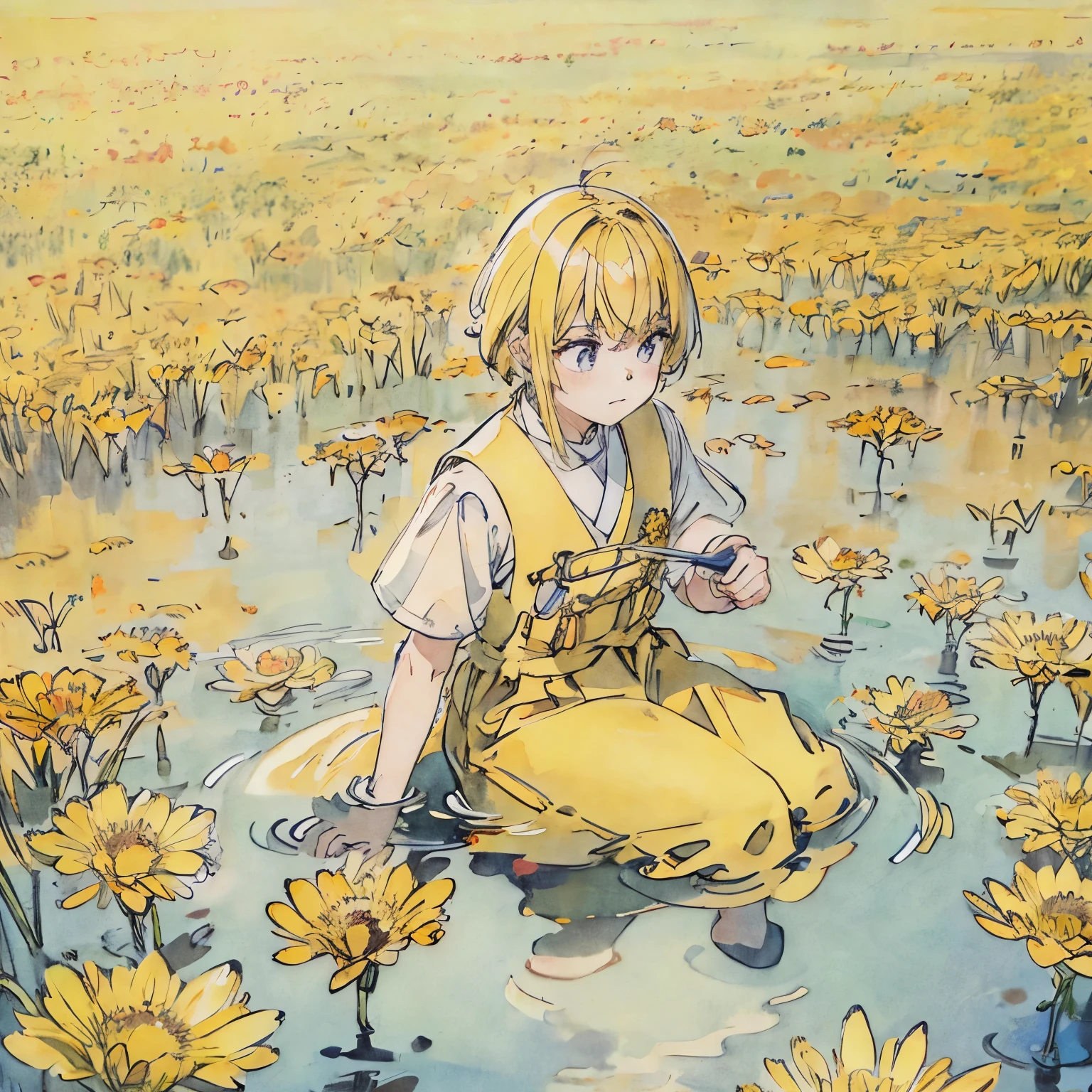 yellowflower、A yellow-haired one、flower  field、Sateen、Sateen伞、water puddles、reflector、a sailor suit