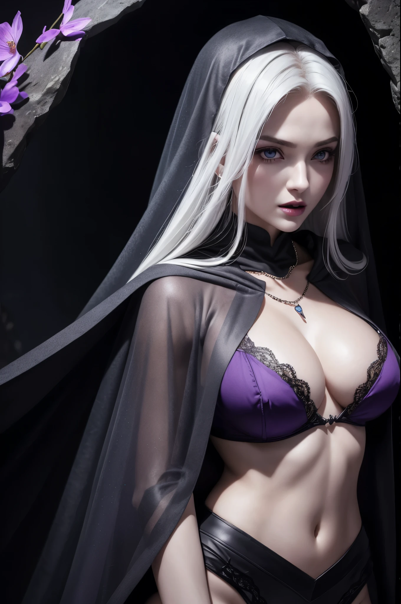 8k,A hyper-realistic,(masutepiece, Best Quality) Daniela Dimitresc, 1womanl, white  hair,Looking at Viewer, Open mouth, Blonde hair, Background, cleavage, real looking skin,Jewelry, medium small breasts, Underwear, Looking, Upper body, flower,black wings, tusk, hoods, Necklace, Cape, Bra, makeup, bug, lip stick,Inside the dark cave, Pedras preciosas, pale skin, veils,紫色の hoods up, Realistic, Black lips,超A high resolution,Purple Flame(purple effect),A sexy,