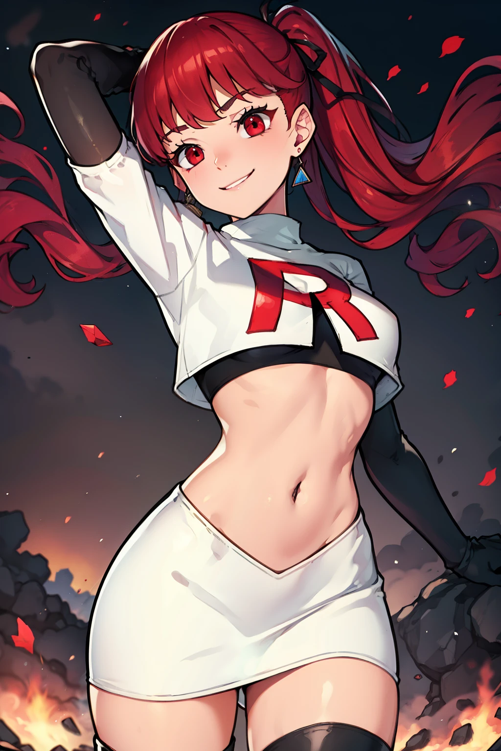 red hair, pony tail, red eyes ,glossy lips, light makeup, eye shadow, earrings ,team rocket,team rocket uniform, red letter R, white skirt,white crop top,black thigh-high boots, black elbow gloves, evil smile, sexy poses