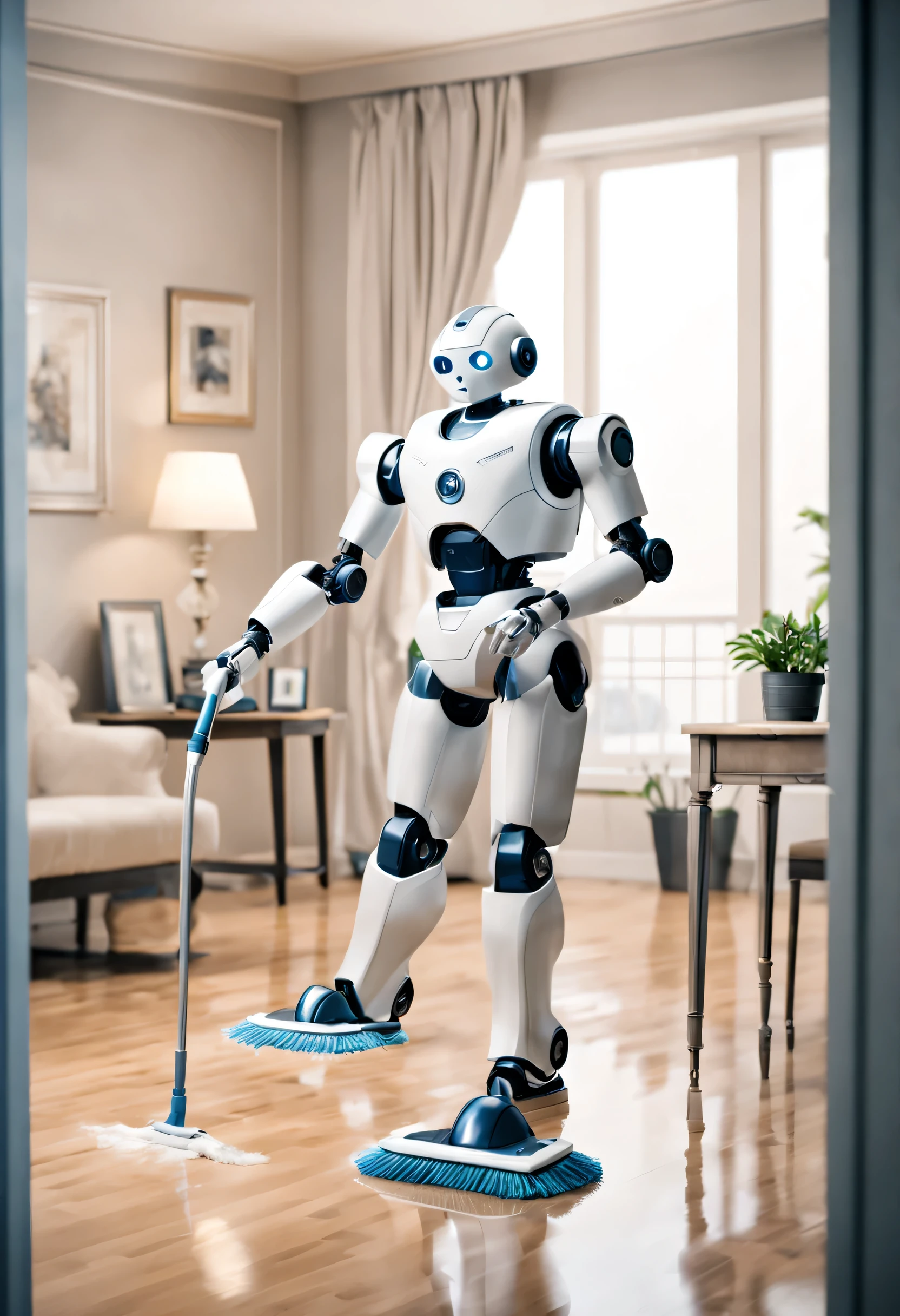 （The robot butler is mopping the floor）