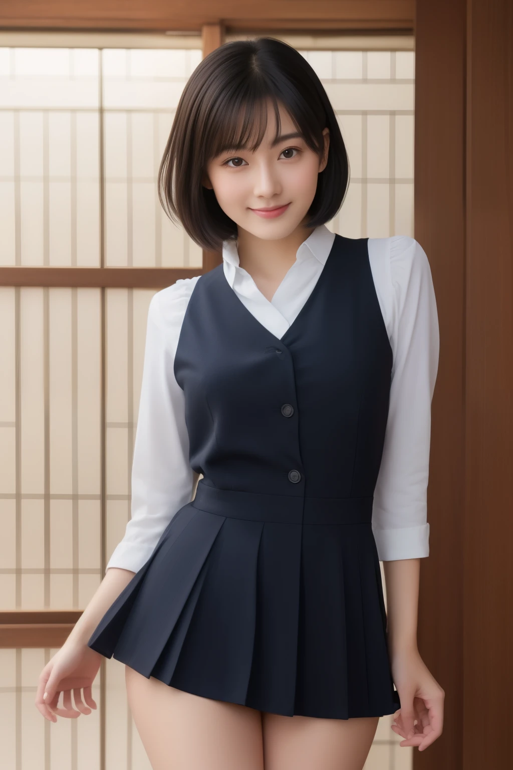 ((8k:1.27、top-quality、masterpiece、超A high resolution:1.2))、 beautiful japanese female、 (High School Teacher:1.3)、1girl、teacher outfit、a large bust:1.5、valley、Dark hair、black eyes、short-hair、Beautuful Women、High School Classroom、early evening、A seductive smile、((perfect anatomia、Beautiful limbs,Healthy body、Beautiful skin))、naturalbody、profetional lighting、Professional filming、gravure、