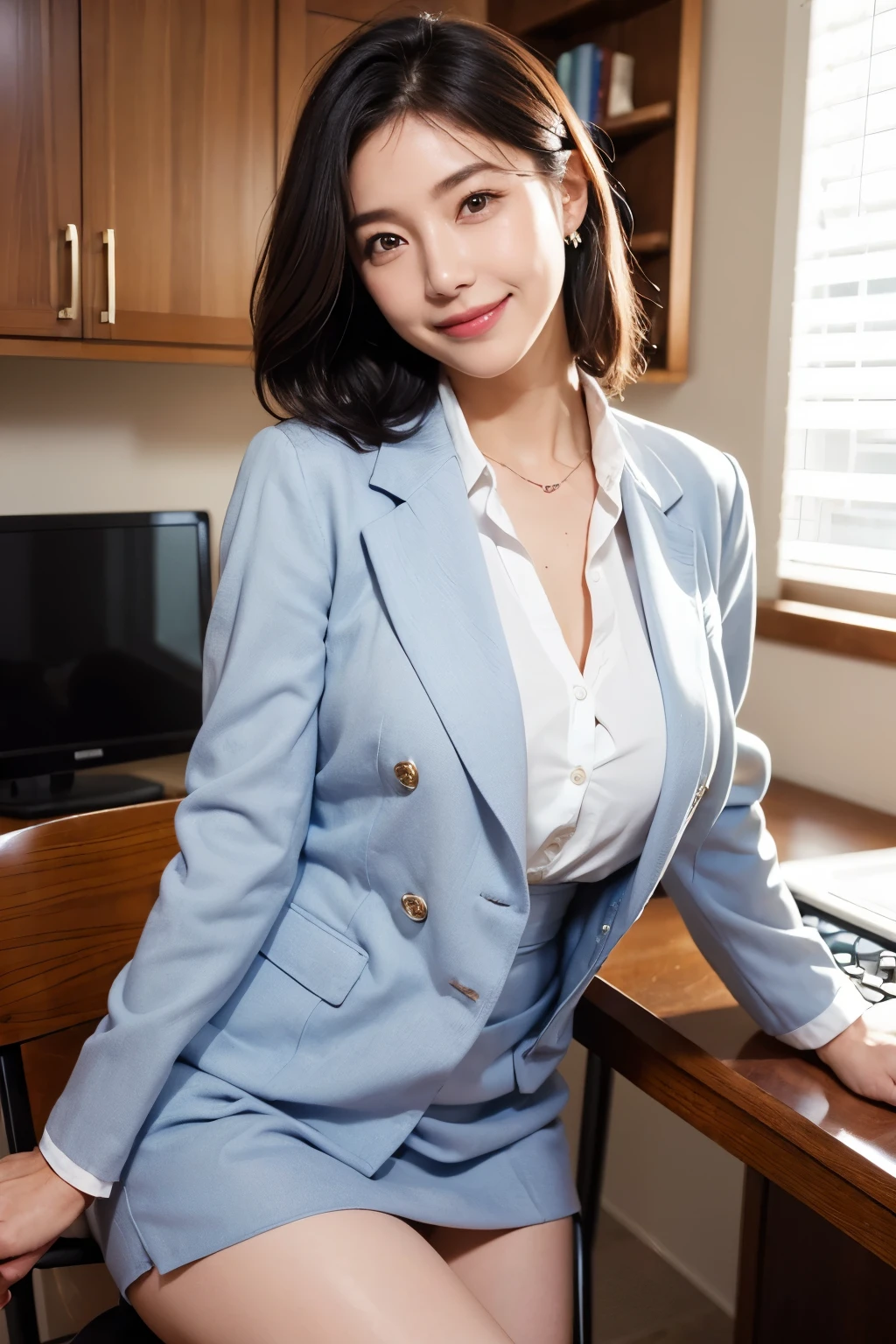 (Masterpiece: 1.4), High resolution, Highest quality, RAW, 8K, (50 year old woman: 1.4), (Face wrinkles: 1.4), Beautiful woman, (Suits: 1.4), (Smile: 1.3), (Beautiful woman: 1.3 ), office, daytime, pleasant breeze, bright sunlight, desk, chair, Japanese mature woman, blouse, asian girl, boobies, Young beauty spirit , JeeSoo , eungirl