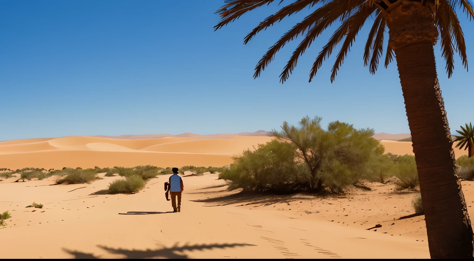 hombre y mujer de espaldas mirando un mapa perdido en medio del desierto. camino largo, desierto, pocas palmeras, sol ardiente