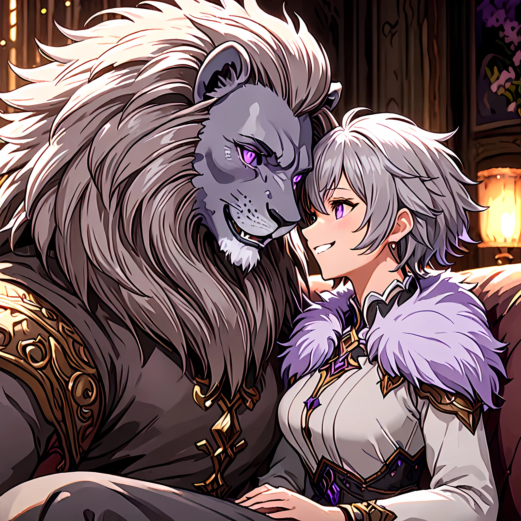 An Masterpiece image of a couple from Final fantasy 14, (Medium-shot, Side-View), ((a Furry-Lion-Man, smile, gray skin, short gray hair, and lavender eyes)), Woman with short white hair, brown skin, and lavender eyes. They are seated on a sofa. (Both are looking at each other eyes with a passionate gaze, both are wearing casual clothes), they are inside a house in ishgard. best quality, ultra-detailed, 8k.