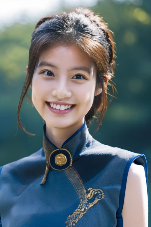 op quality, masterpiece, highly detailed CG 16K unity wallpaper, (raw photo, professional photo, best aesthetic:1.3), ultra high res, (sharp focus, depth of field:1.1), cinematic lighting, (photorealistic, correct :1.5), pov, 1 girl, Japanese teen, 14 years old, solo, ((cowboy shot:1.2)), ((from front:1.4)), black hair, ((realistic skin texture:1.5)), fairly detailed skin, detailed eyes, dark eyes, bright eyes, beautiful nose, detailed lips, (light smile:1.4), ((dark blue China dress, sleeveless:1.5)), slender, beautiful breast, ((outdoor, noon, park, city:1.3))