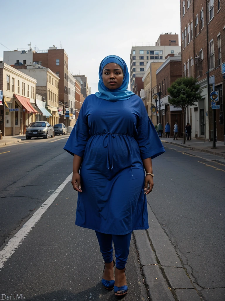 African-American Carmel skinned mid plus size muslim woman wearing blue garbs while standing backwards in the middle of Philadelphia streets while the city in the background