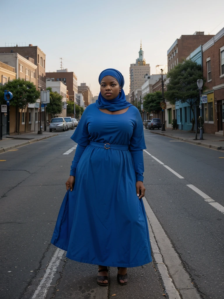 African-American Carmel skinned mid plus size muslim woman wearing blue garbs while standing backwards in the middle of Philadelphia streets while the city in the background