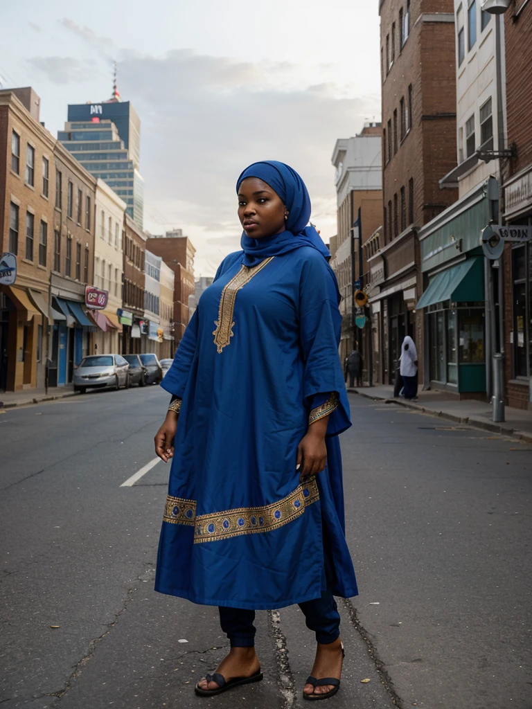 African-American Carmel skinned mid plus size muslim woman wearing blue garbs while standing backwards in the middle of Philadelphia streets while the city in the background