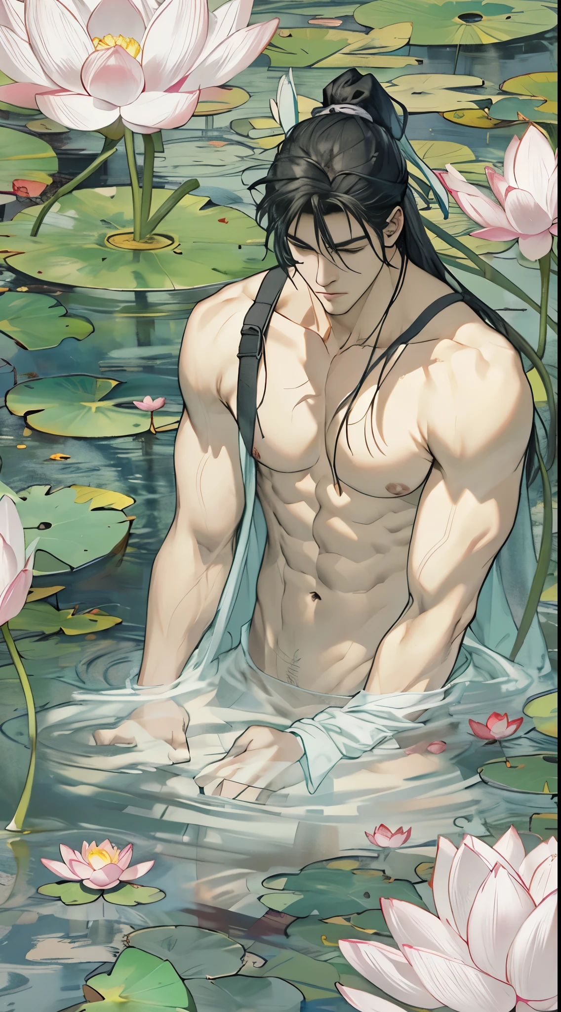 Japanese male god, handsome, white skin, muscular, black hair, shirtless, flowing white cloth, elegant, playing in the lotus pond, portrait