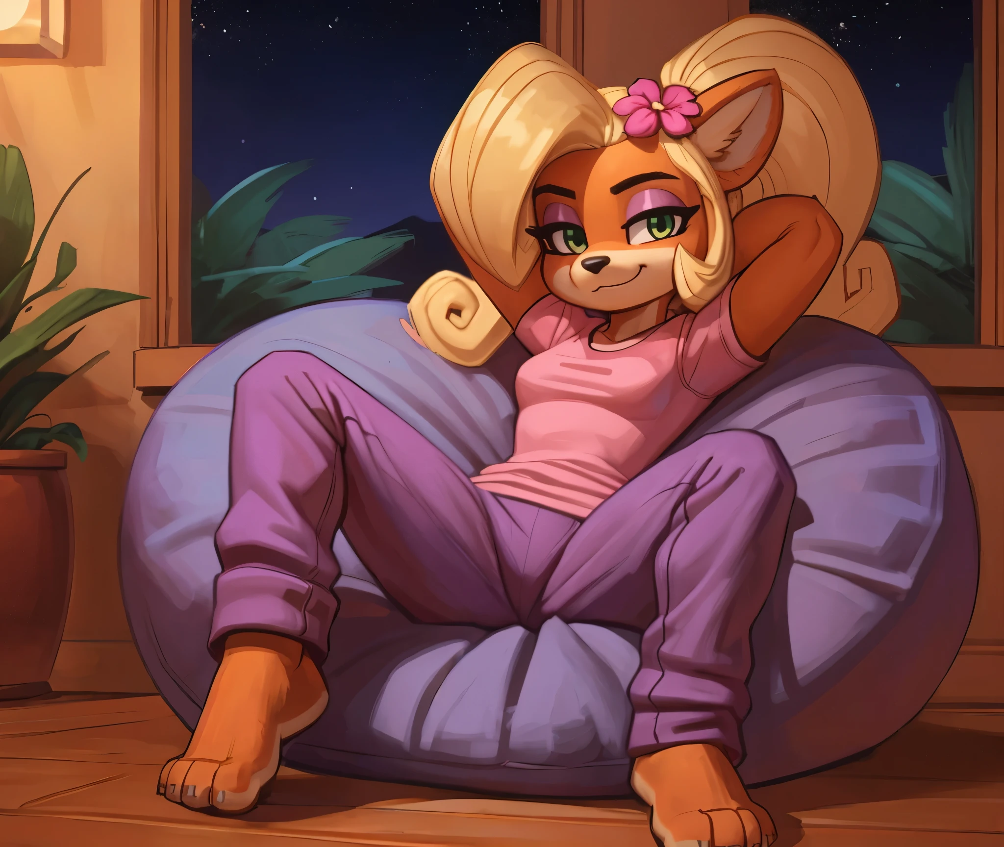 [Coco bandicoot], [Uploaded to e621.net; (Pixelsketcher), (wamudraws)], ((masterpiece)), ((HD)), ((solo portrait)), ((full body)), ((front view)), ((feet visible)), ((furry; anthro)), ((detailed fur)), ((detailed shading)), ((beautiful render art)), ((intricate details)), {anthro; orange fur, black nose, (cute green eyes), (short eyelashes), (pink eyeshadow), (long blonde curly hair), (curly ponytail), (curvy hips), (beautiful legs), (beautiful feet), (blushing), (cute smirk)}, {(pink tee shirt), (purple sweatpants)}, {(sitting on beanbag), (hands behind head), (legs spread open), (looking at viewer)}, [background; (tropical forest), (bedroom), (beanbag), (wood window), (wood floor), (nighttime), (starry sky), (ambient lighting)]