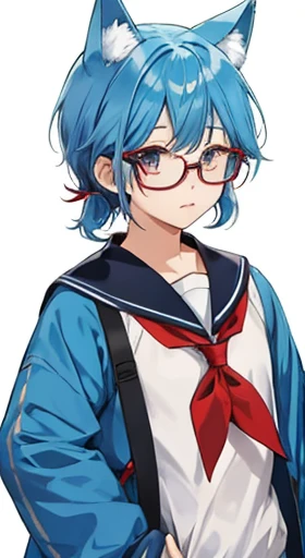 High school students Blue-haired cat ear Marubuchi Glasses cute little a beauty girl もう少し薄いBlue-haired
髪に紫のメッシュいれて Clothes are sailor suits The color of the sailor suit is black The sailor suit has a ribbon and is red. Middle short Hair is a little shorter Yurucamp style