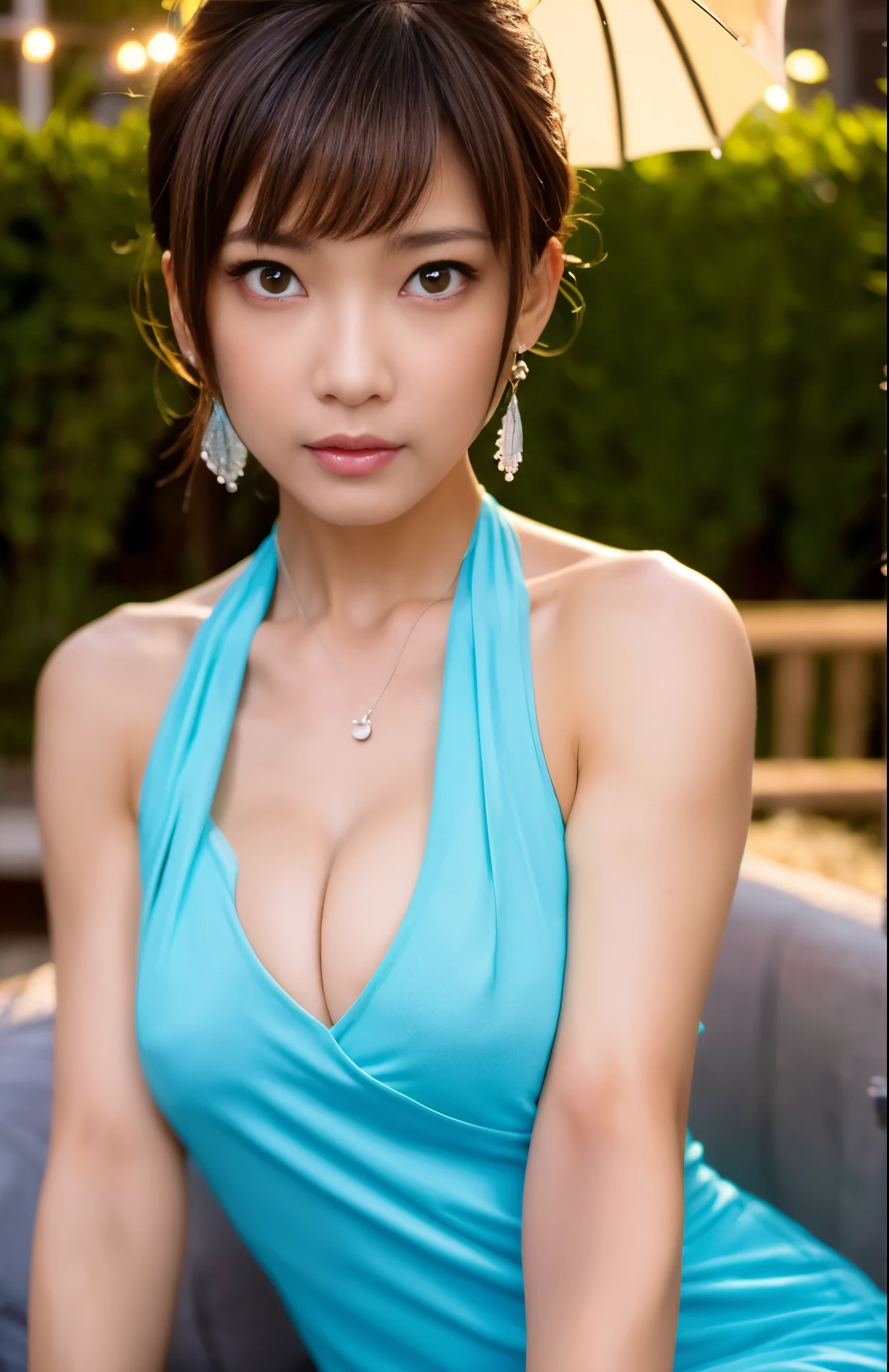 (Best Quality, 8K, masutepiece: 1.3), Clear focus: 1.2, Beauty: 1.4, Abs: 1.1, Brown hair, aqua dress: 1.4, night outdoors: 1.1, the city street, finely detailed face and eyes, Double eyelids. Add realistic lighting, Be careful to adjust the ratio.