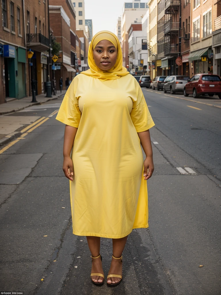 African-American Carmel skinned mid plus size muslim woman wearing yellow garbs while standing backwards in the middle of Philadelphia streets while the city in the background