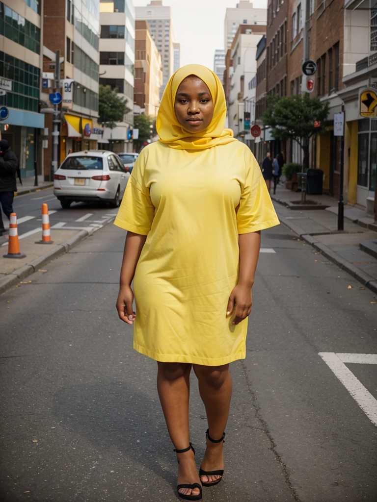 African-American Carmel skinned mid plus size muslim woman wearing yellow garbs while standing backwards in the middle of Philadelphia streets while the city in the background