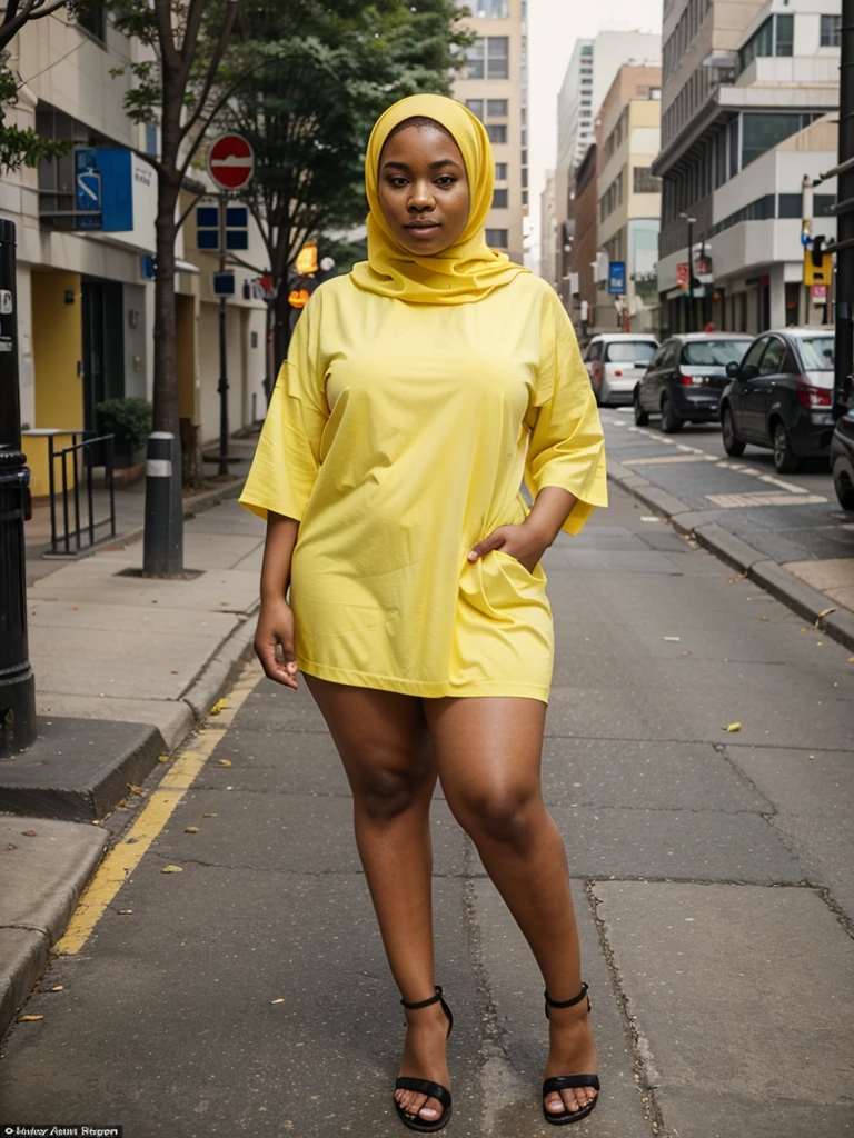 African-American Carmel skinned mid plus size muslim woman wearing yellow garbs while standing backwards in the middle of Philadelphia streets while the city in the background