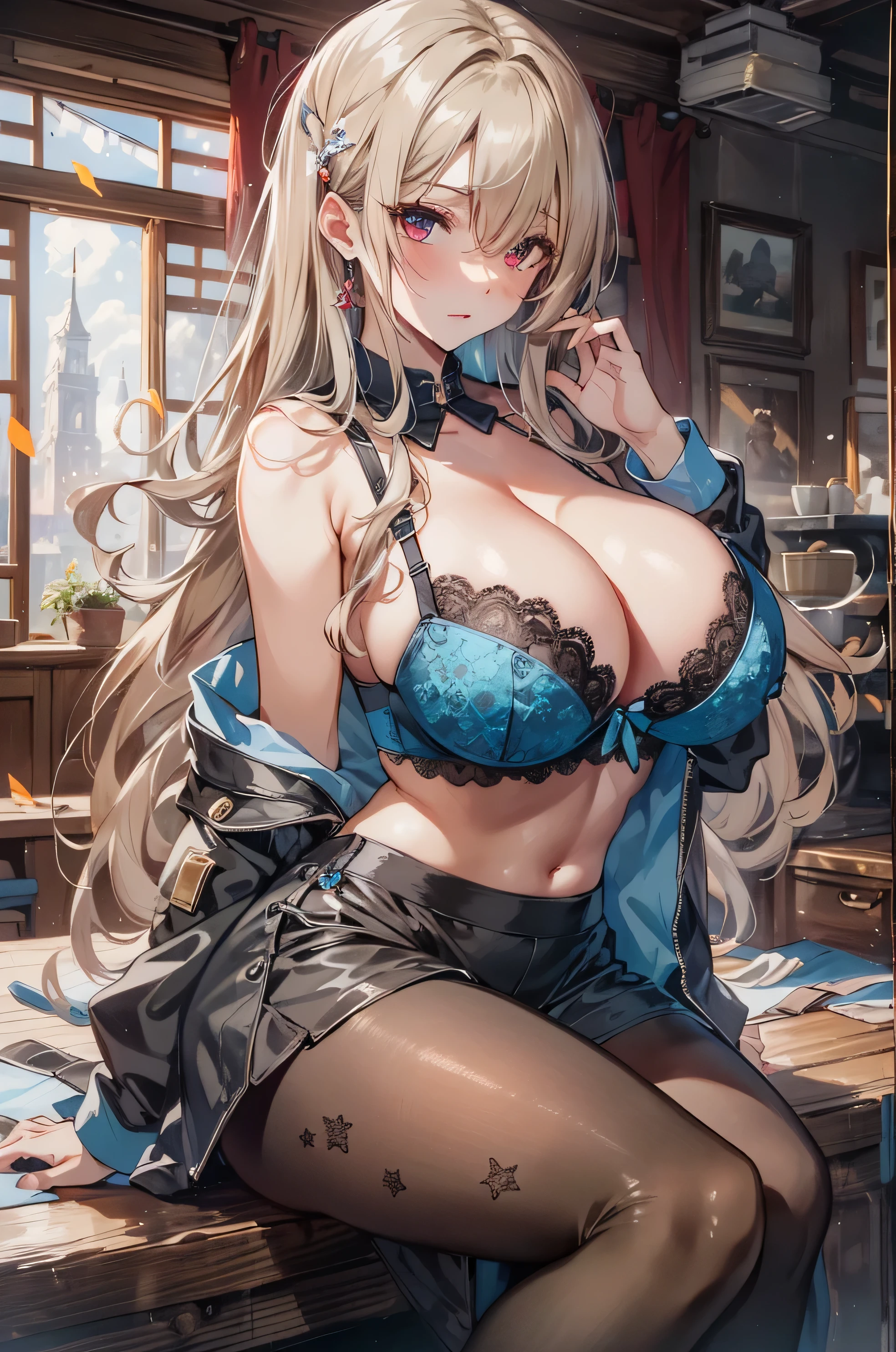 absurd, 8K, high resolution, Ultra-detailliert, beautiful, Meisterwerk, best quality, very pretty woman, Jung, blondes Haar, (Immobilienmakler1.6), schwarzer Rock, Netzstrumpfhosen, (blauer BH), Blaue Bluse, (Rote Augen), (very huge breasts:1.4), hair above one eye, detailliertes Frauengesicht, Sehr attraktiv,