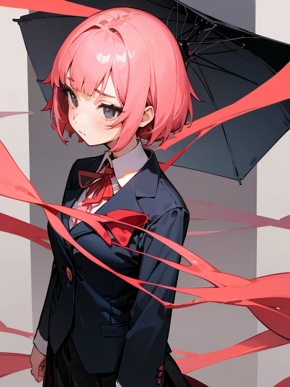 1girl in,Detailed details,Black eyes,coral pink hair,short head hair,Red ribbon,Black skirt,Blue Blazer,gentle,校服