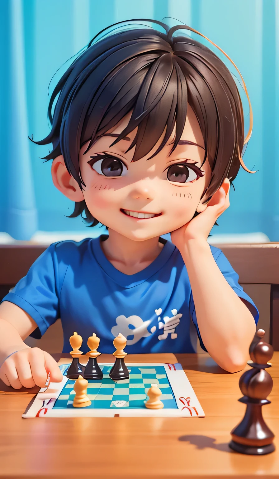 1 boy playing chess, There are cards on the table，Chess pieces，nopan，Nopan，clean backdrop, Wear a blue shirt, Smiling,k hd，特写桌面Chess pieces