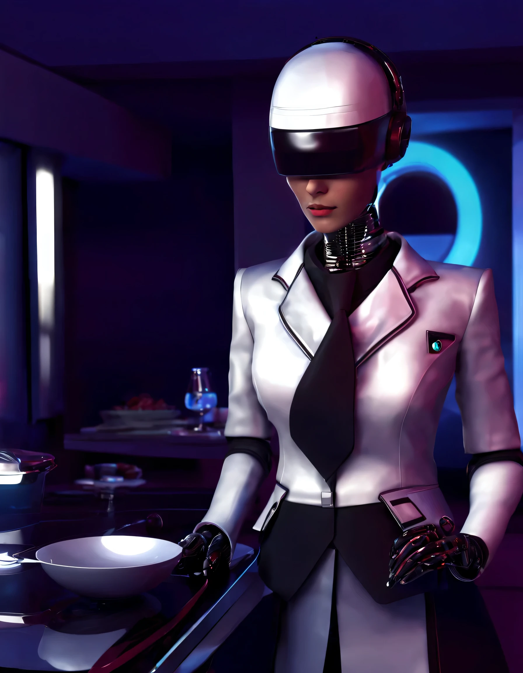 （Robot butler is cooking），Head equipped with high-definition analog facial display，, Ability to display a warm and friendly smile. The head is also equipped with a pair of sensitive ears,Wearing holographic butler uniform skirt suit，Future character design，sci-fy，Black technology，3D ，cyber punk personage，