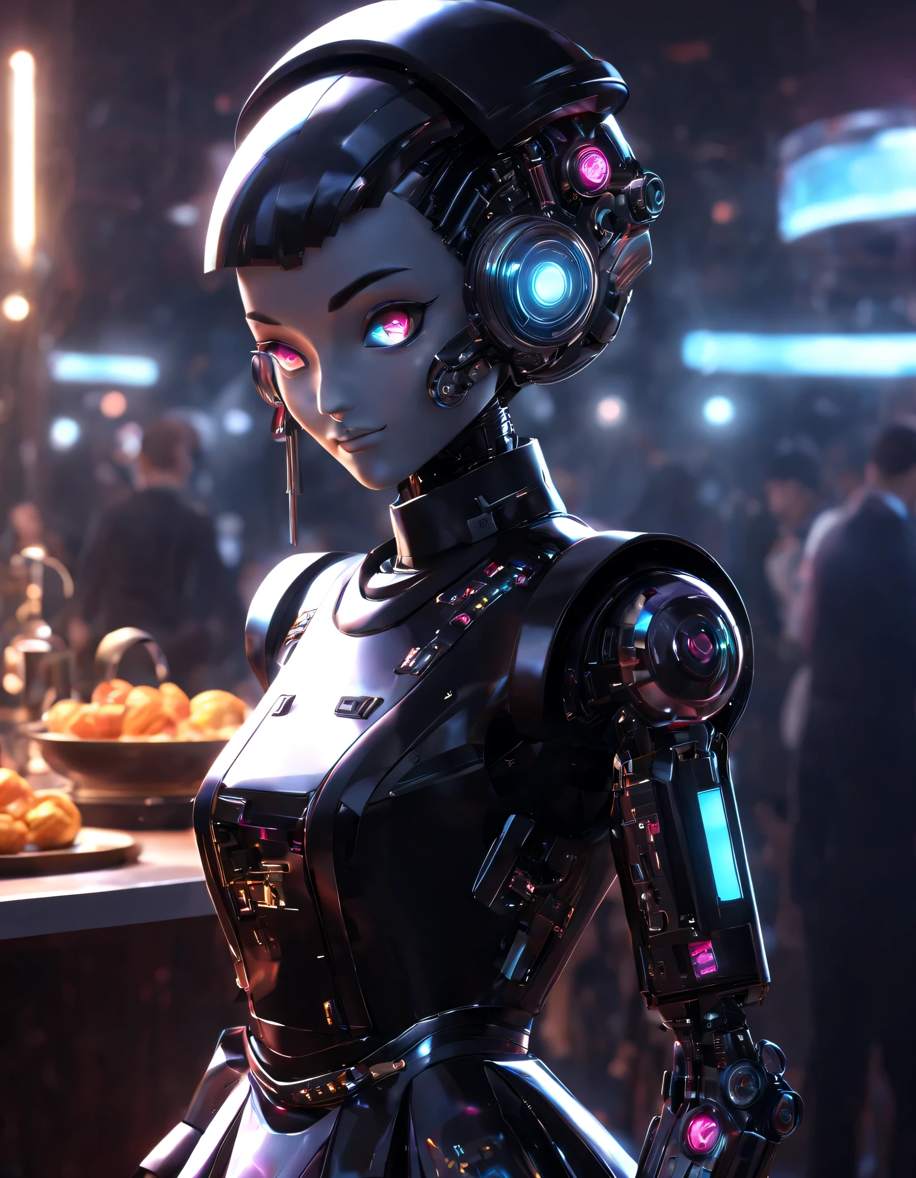 （Robot butler is cooking），The head is equipped with a high-definition analog face display，Warm and friendly smile,Wearing holographic butler uniform skirt suit，Future character design，sci-fy，Black technology，3D ，cyber punk personage，