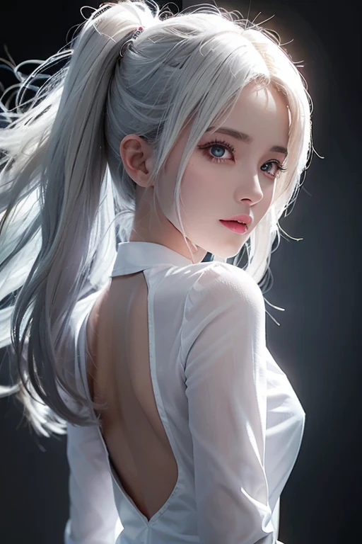 Realistic, high resolution, upper body, 1 woman, white hair, glowing eyes, shirt, transparent garment, 8K, CG, seduction, goddess, hands on the back of the head