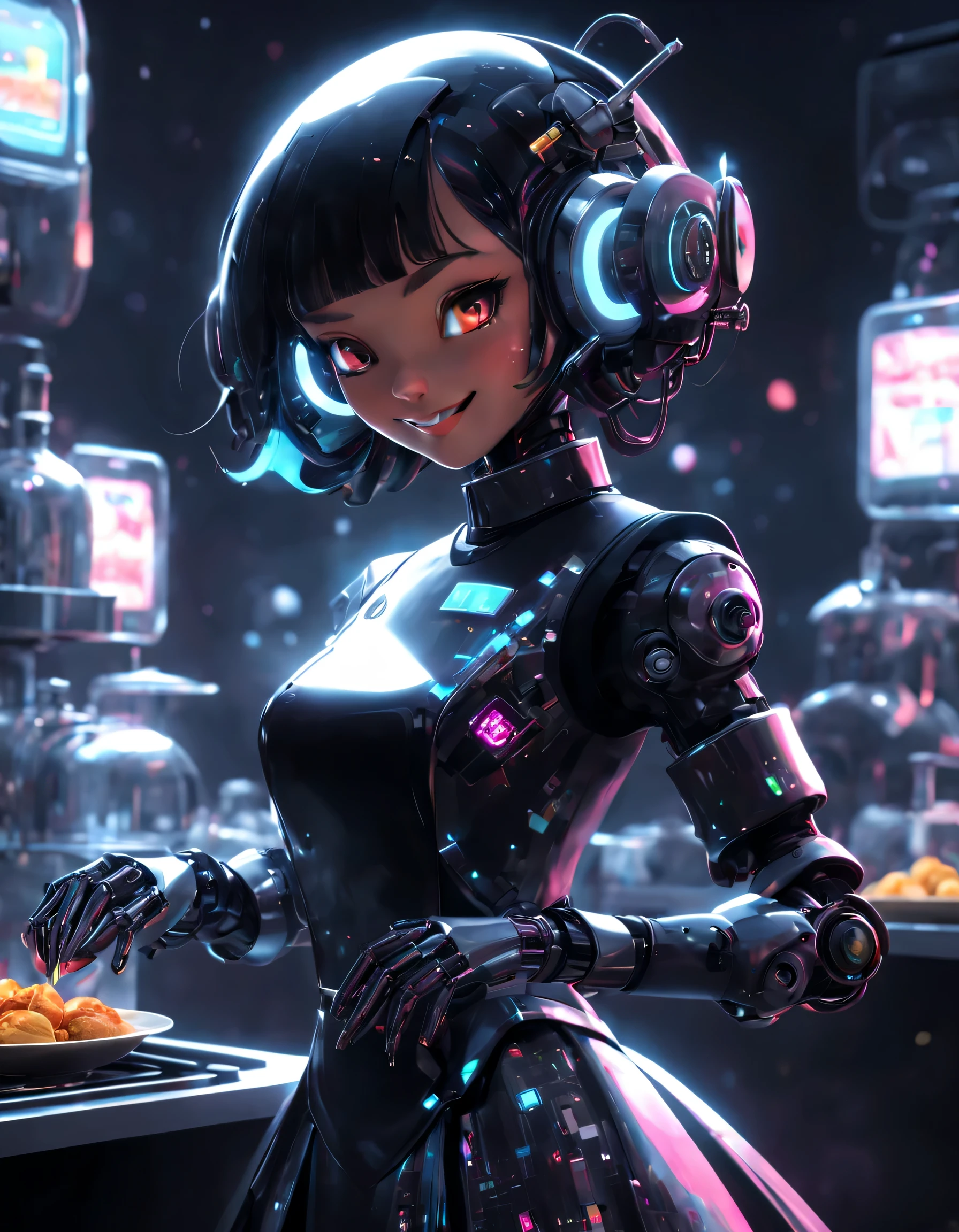 （The robot butler is cooking happily），The head is equipped with a high-definition analog face display，Warm and friendly smile,Wearing holographic butler uniform skirt suit，Future character design，sci-fy，Black technology，3D ，cyber punk personage，