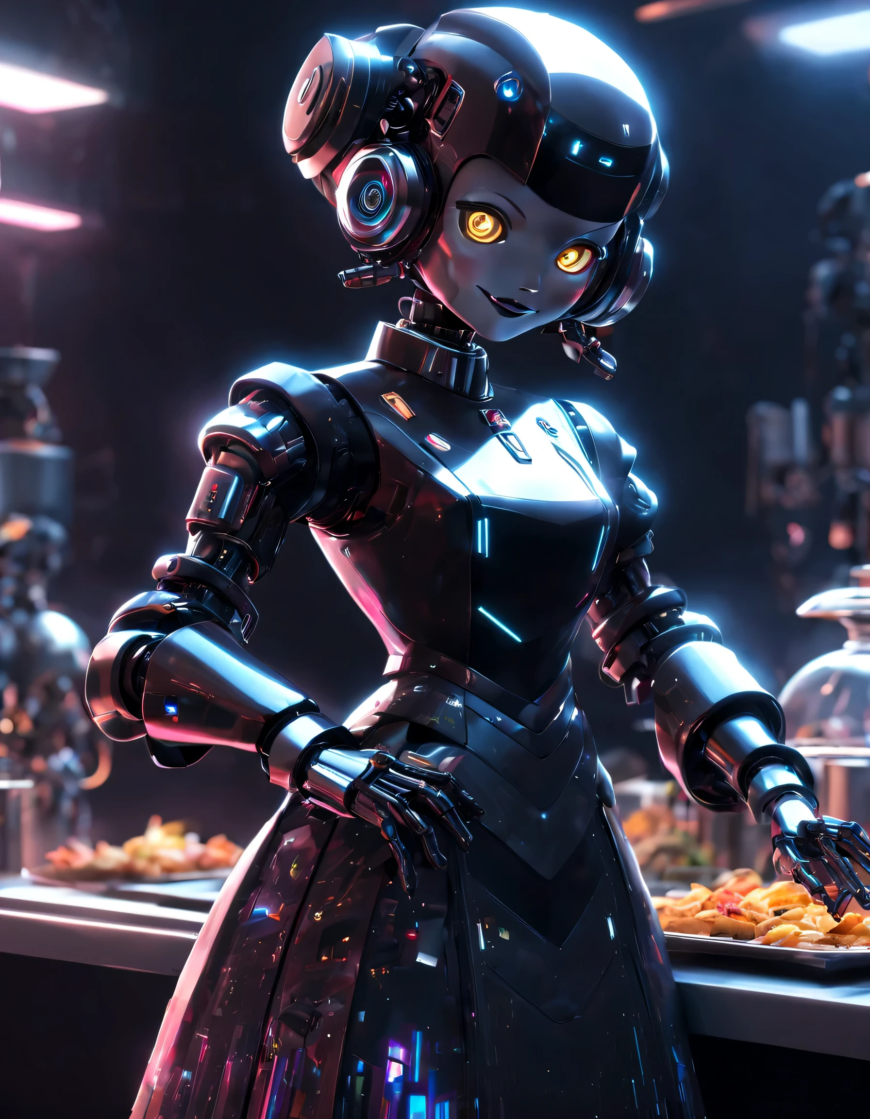 (The robot butler is cooking happily),The head is equipped with a high-definition analog face display,Warm and friendly smile,Wearing holographic butler uniform skirt suit,Future character design,sci-fy,Black technology,3D ,cyber punk personage,