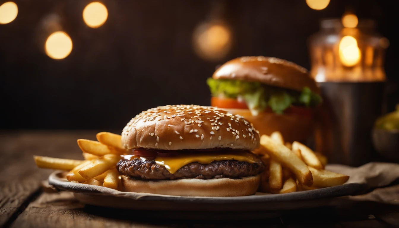 a top-down shot of a cheeseburger on a rustic wooden table, with sesame seeds sprinkled on the bun and a side of crispy golden fries, creating a classic American diner aesthetic