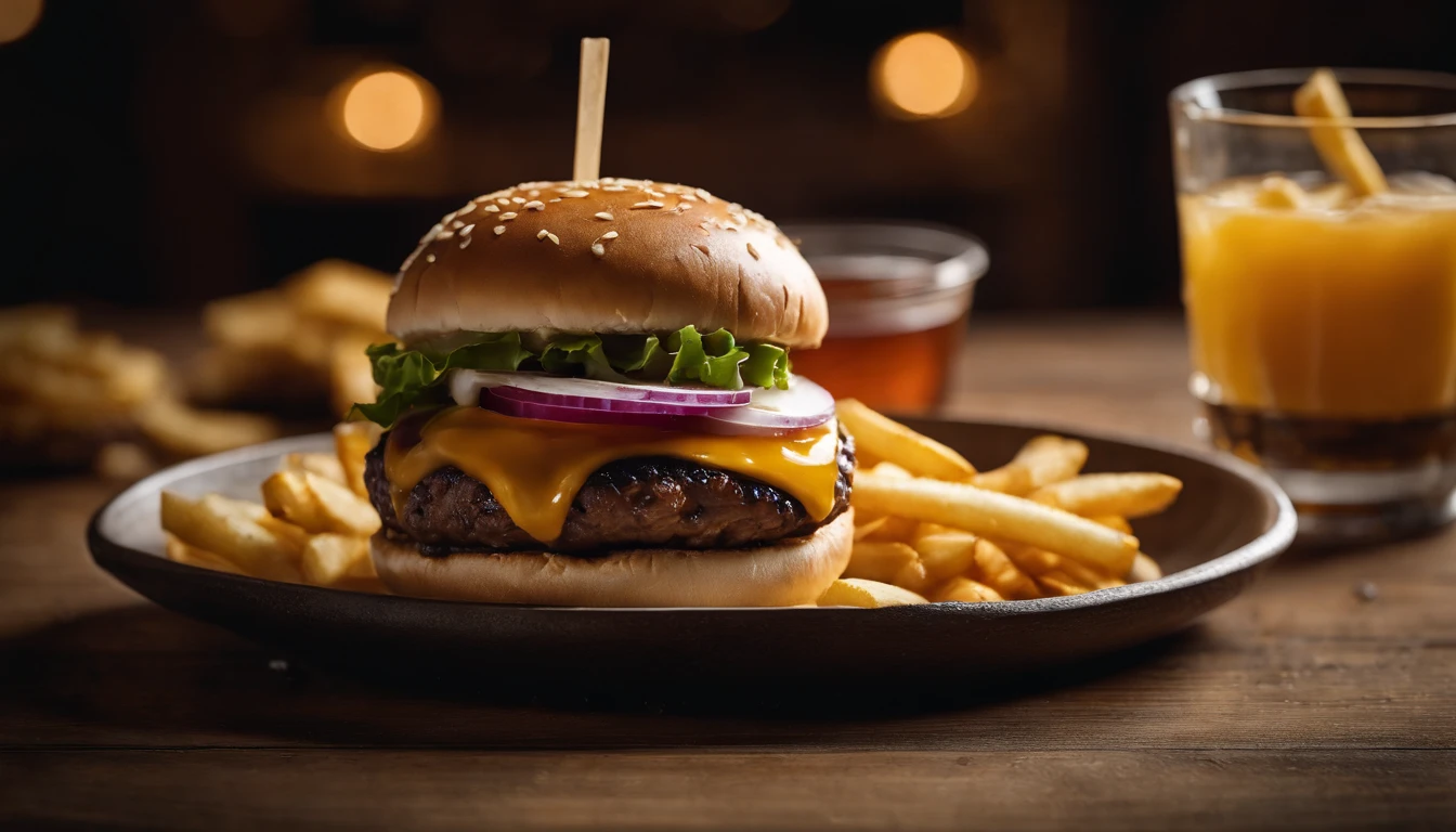 a top-down shot of a cheeseburger on a rustic wooden table, with sesame seeds sprinkled on the bun and a side of crispy golden fries, creating a classic American diner aesthetic