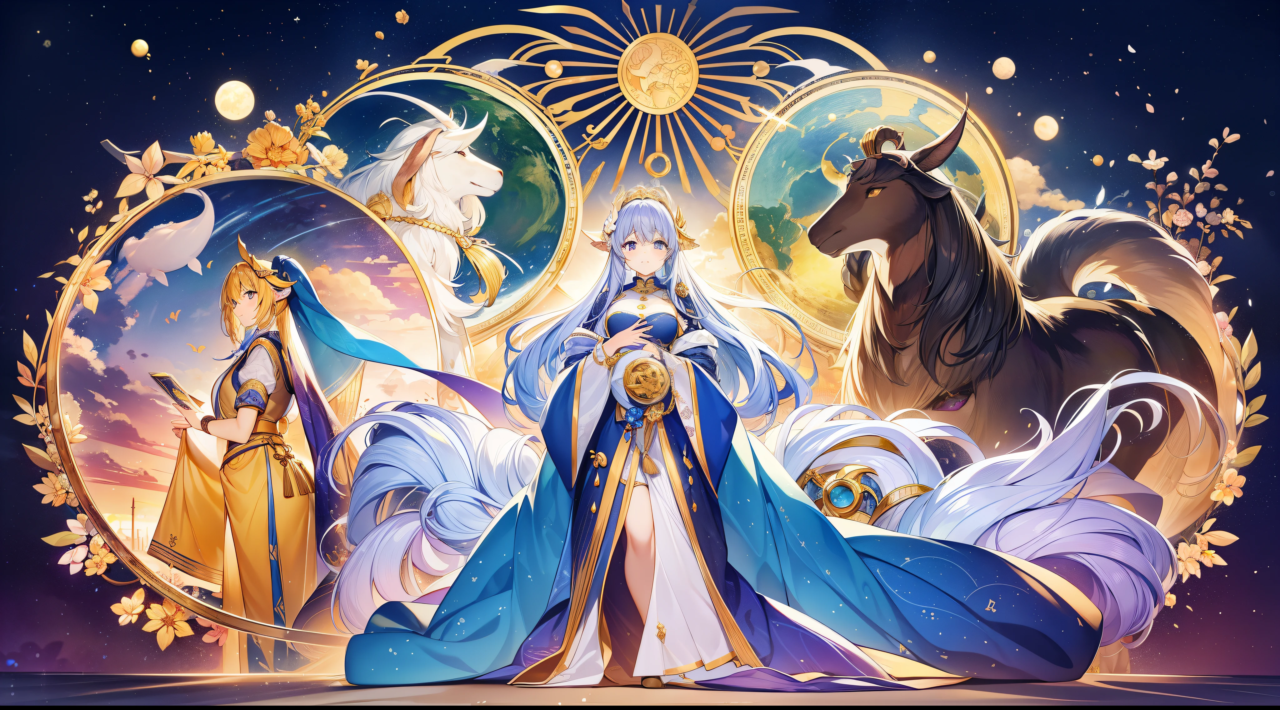top-quality、Masterpiece、detaileds、12 zodiac constellations、Aries(Aries、Aries) Taurus(Oyster、Taurus) Gemini(Gemini、Gemini) Cancer(Crab、Cancer) Leo(leo、Leo) Virgo(Otome、Virgo) Libra(Libra、Libra) Scorpio(Scorpion、Scorpius) Sagittarius(Sagittarius、Sagittarius) Capricorn(Goat、Capricornus) Aquarius(aquarius、Aquarius) Pisces(Fish、Pisces)zodiac constellations(All over the world、12 ecliptical constellations)ha、Of the 13 constellations in which the ecliptic passes、12 constellations excluding Ophiuchus。These 12 constellations ha、Originated from Mesopotamia、With the exception of Libra, all can be traced back to Sumerian times.。afterwards、planetes(including the sun and moon)This place along the road was considered important.、Astronomical observation also began to be centered around the zodiac where these zodiac constellations are located.。Each time it was introduced from Sumer → Babylonia → Assyria → Persia → Greece.、Although it has gone through many changes,、12 constellations that correspond to the 12 signs of the present ha at the latest in Babylonian times(It's not the same as the current 12 constellations, but)was established。 Note that、At present, ha is exclusively used in Western astrology and constellation divination.「Zodiac signs」ha、It refers to the area on the ecliptic that is divided equally by the constellations themselves.。