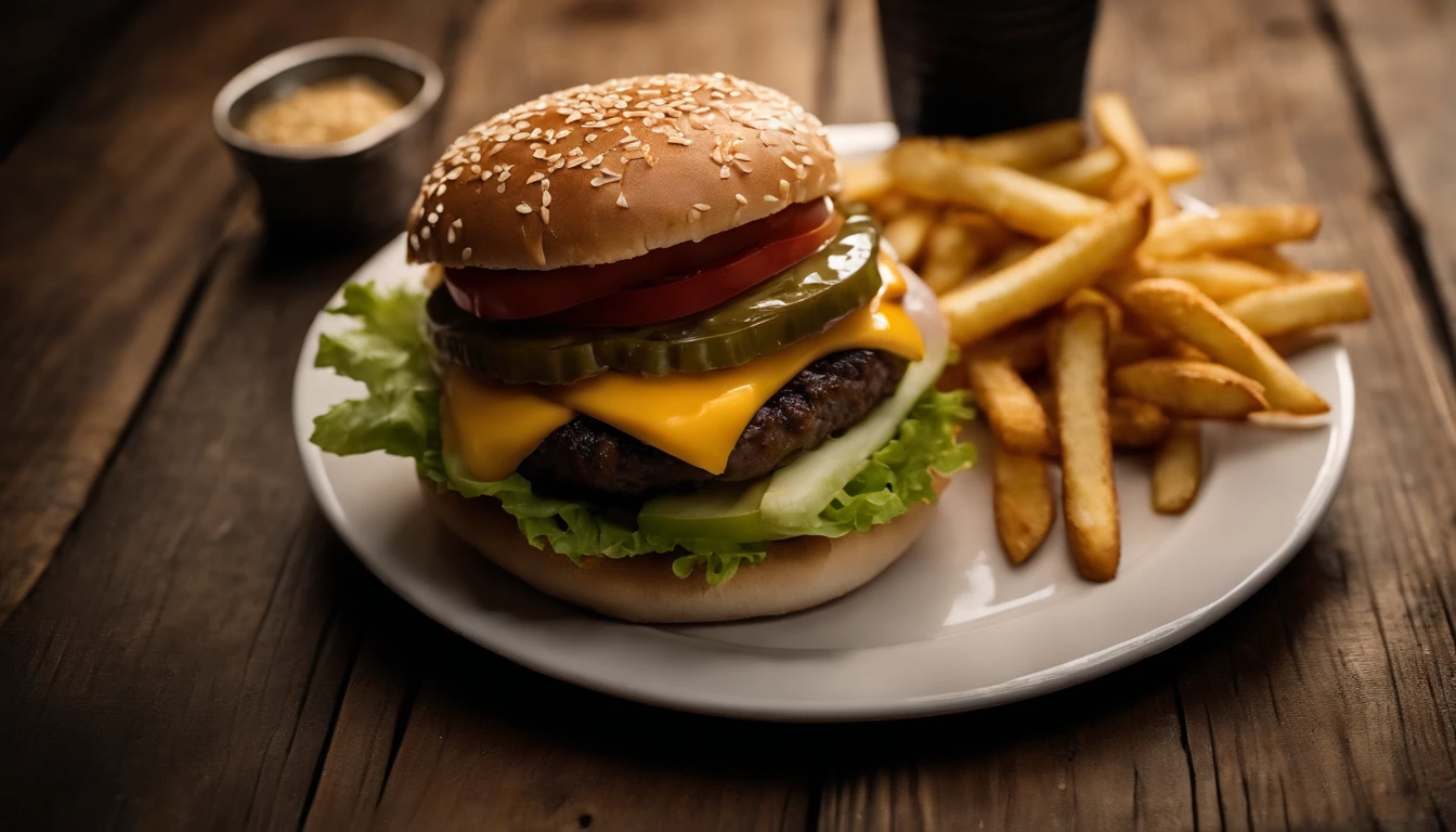 a top-down shot of a cheeseburger on a rustic wooden table, with sesame seeds sprinkled on the bun and a side of crispy golden fries, creating a classic American diner aesthetic