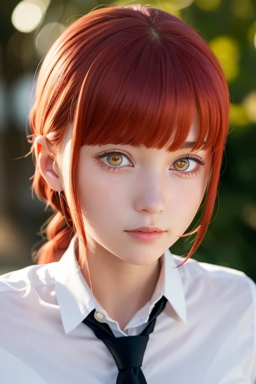 1 young girl, beautiful girl with beautiful details, extremely detailed eye and face, Staring at me, Makima, deadpan, Closed mouth, Look at viewers, redhead hair, braided ponytails, ((ring door omar, shirt with collar, black necktie,