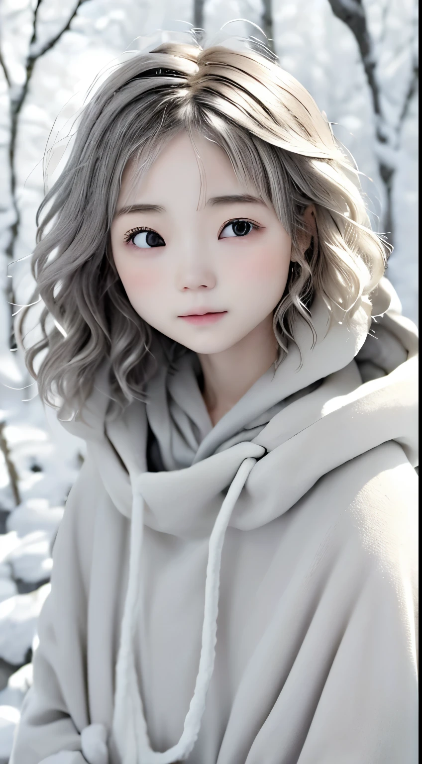 Winters、rhyme、Yuki、kou、Frozen World、a white world、one girls、18years old、parfect anatomy、Correct human body、Layered Haircut、short wavy hair、Woman with cute face、Perfect good looks、Natural color poncho style hoodie、Silence、white walls、rhyme、a white world、Simplified background、natural soft light、raw、Photorealsitic、top-quality、Real Stick、hiquality、high-level image quality、Random Poses