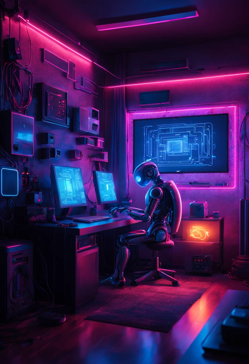 Home control robot behind computer with intricate details of neon light app controlling lights、Electrical appliances、Air conditioners and other home equipment. Surreal very detailed advanced design. Mysterious atmosphere. Invisible circuits., Intricate detail neon light glowing softly background electronics digital display