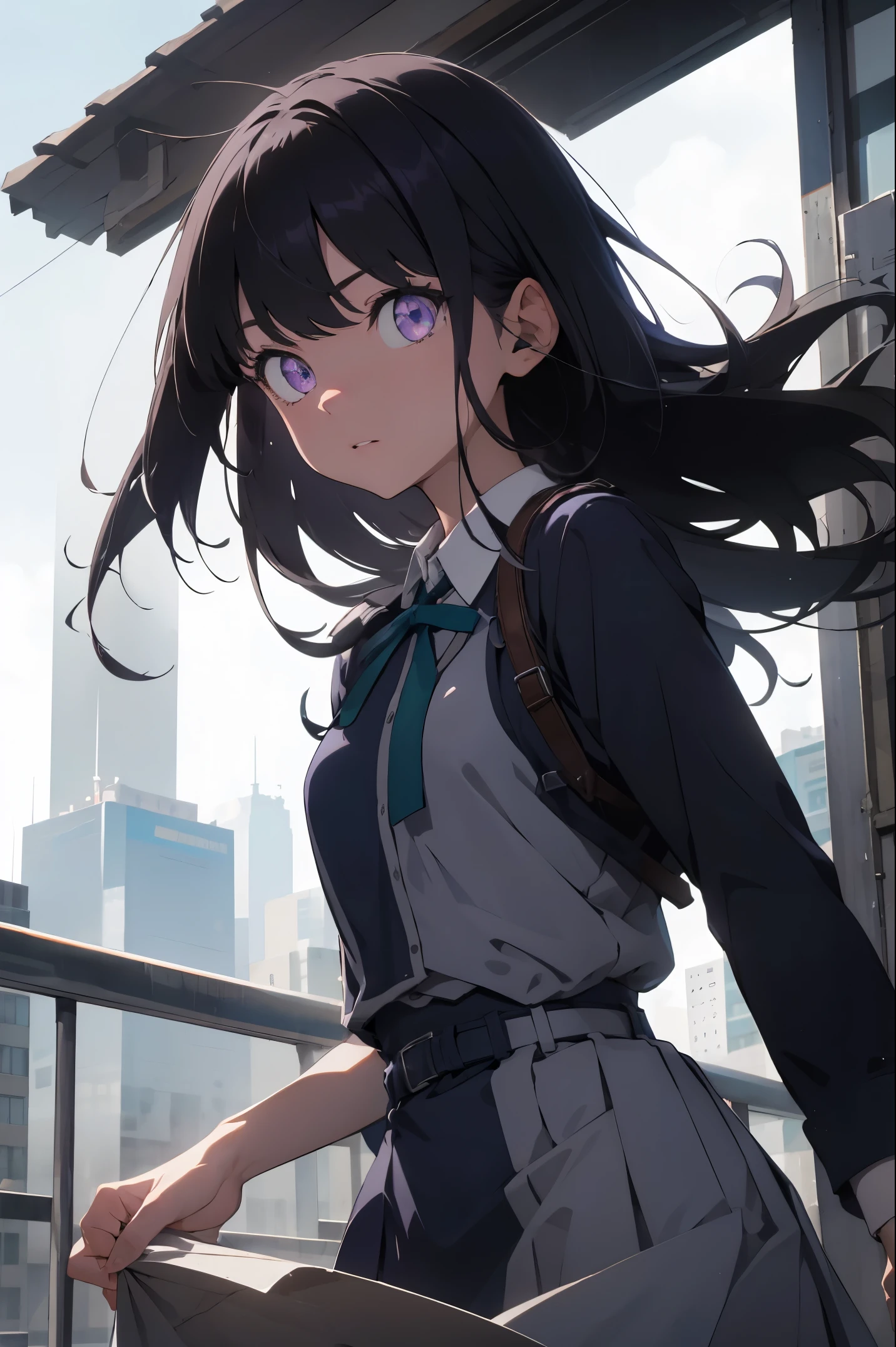 takinainoue, inoue takina, long hair, bangs, black hair, (purple eyes:1.2), BREAK shirt, long sleeves, dress, ribbon, school uniform, white shirt, collared shirt, belt, neck ribbon, blue dress, green ribbon, pleated dress, grey dress, two-tone dress, blue belt, lycoris uniform, BREAK outdoors, city, BREAK (masterpiece:1.2), best quality, high resolution, unity 8k wallpaper, (illustration:0.8), (beautiful detailed eyes:1.6), extremely detailed face, perfect lighting, extremely detailed CG, (perfect hands, perfect anatomy),