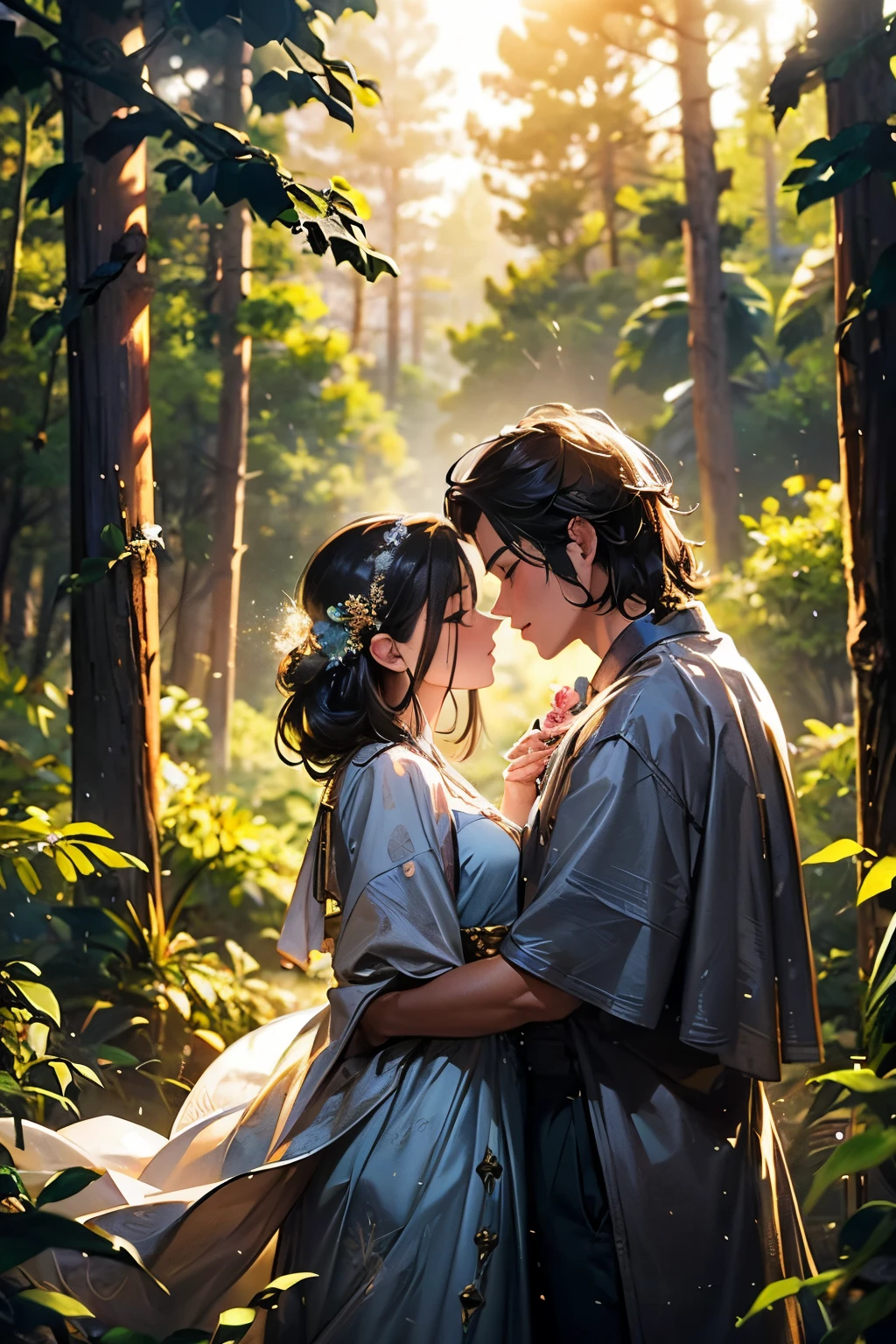 (((melhor qualidade))), ((obra prima)), (((super detalhe))), cinematiclight, belo, cinematiclight, ((Detalhes aprimorados)), ((CG illustration)), COUPLE IN LOVE TOGETHER IN THE MIDDLE OF THE MAGIC FOREST CONTEMPLING THE LOVE BETWEEN THEM AND NATURE