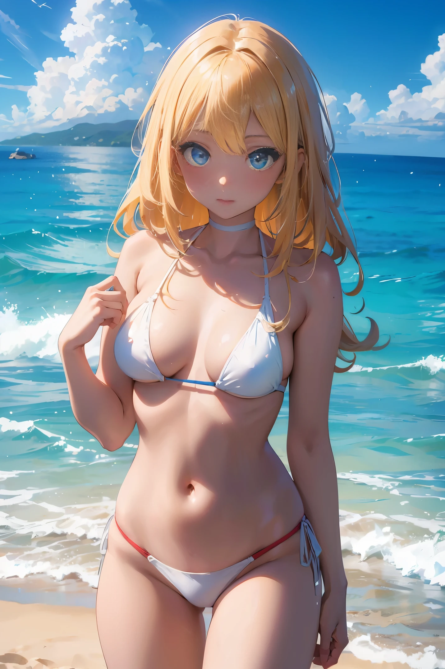 anime character, girl, 18 years old, gyaru, black skin, blonde hair, blue eyes, white bikini, on beach, 4k
