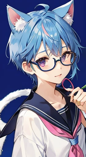 High 、Blue-haired、cat ear、Marubuchi Glasses、cute little a beauty girl、もう少し薄いBlue-haired、Put purple mesh in your hair、The clothes are sailor uniforms and the color is black and the sailor uniform has a ribbon and is red. Middle short Hair is a little shorter Yurucamp style
