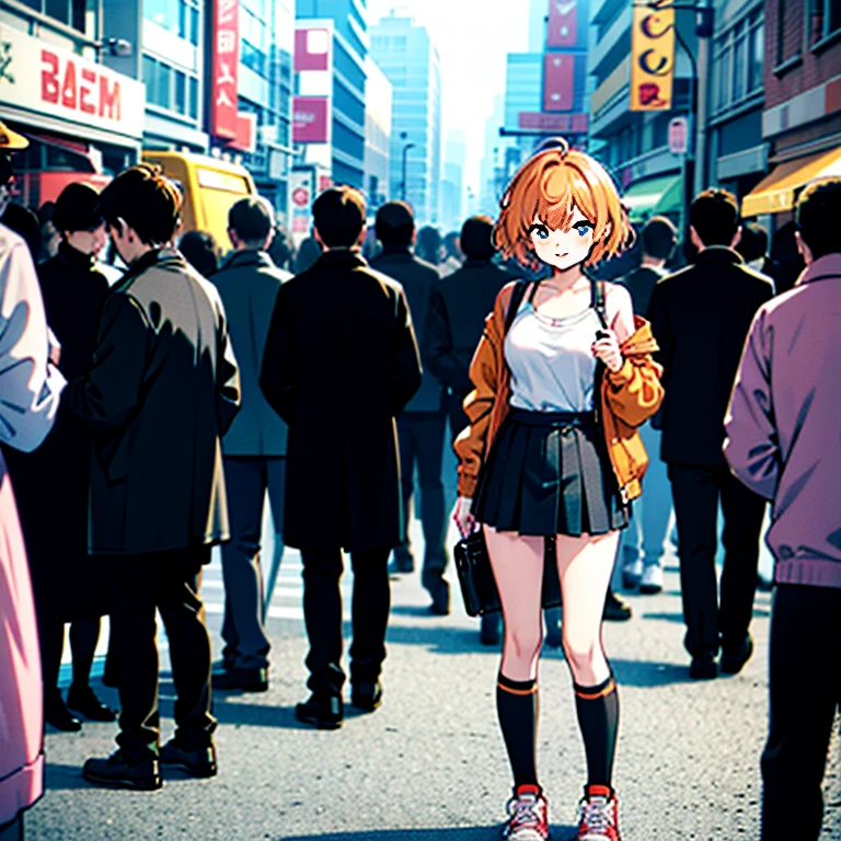 Ssxy woman, bra and panties, short orange hair, knee high socks, sneakers, outside, on phone, busy street, casually standing, full body, crowded area, voyeurism