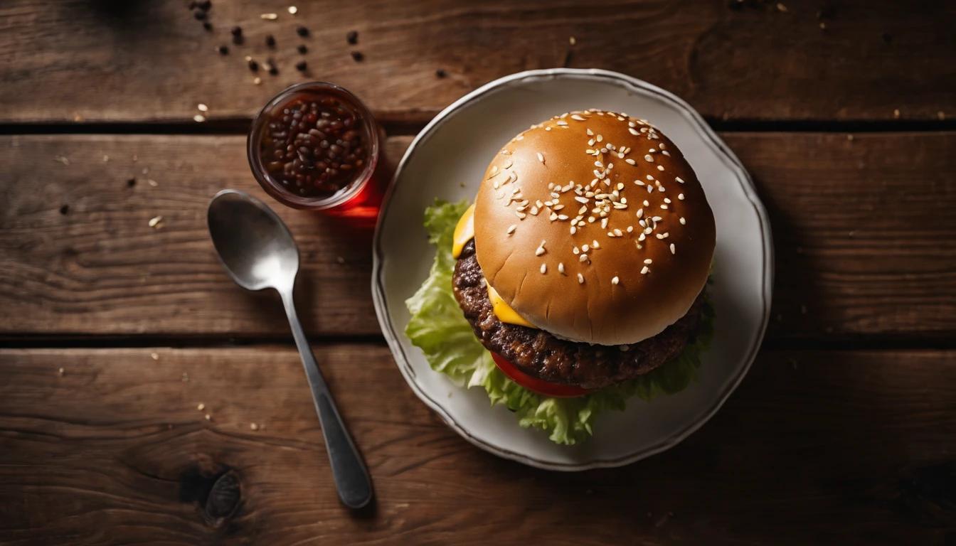 a top-down shot of a cheeseburger on a rustic wooden table, with sesame seeds sprinkled on the bun and a side of crispy golden fries, creating a classic American diner aesthetic