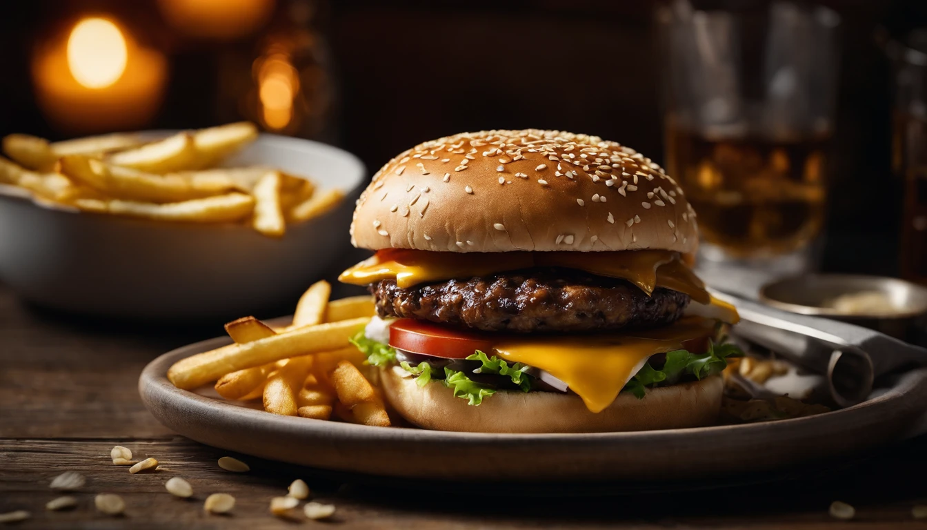 a top-down shot of a cheeseburger on a rustic wooden table, with sesame seeds sprinkled on the bun and a side of crispy golden fries, creating a classic American diner aesthetic