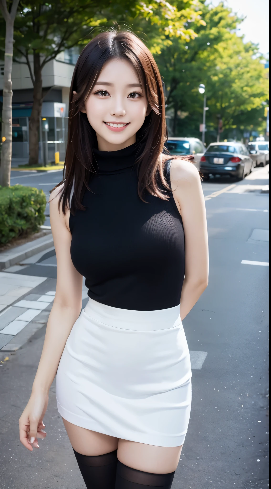 1girl in, 24 year old,(-head body:2.0),(beauty legs:2.0),(Refreshing smile:1.2),(Look at viewers:1.1),straight haired, Long hair, (hide one's hands:2.0) 、(Medium Large Breath:1.2)、High neck sleeveless knit, (Black tight skirt:1.5),(Black stockings), (a japanese girl, hposing Gravure Idol), 、(Street Trees:1.2), 135 mm, Fuji Film,