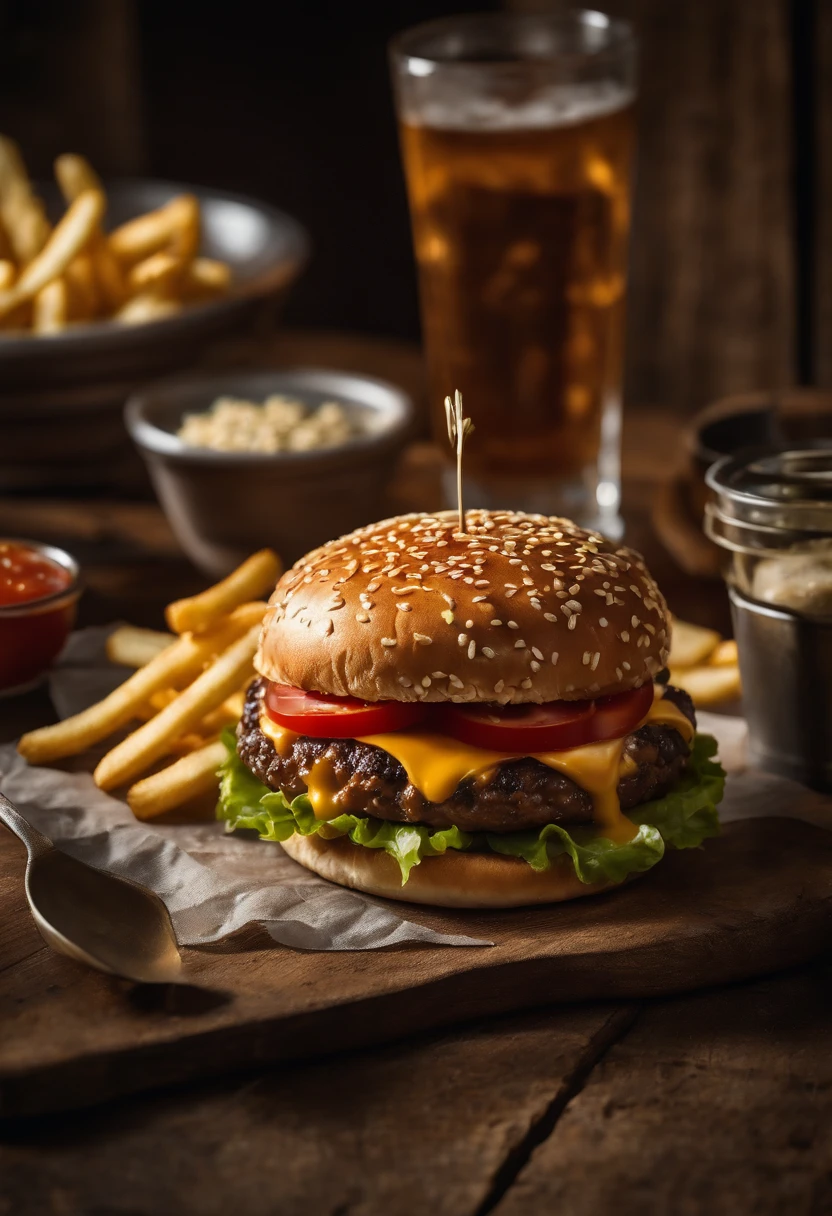 a top-down shot of a cheeseburger on a rustic wooden table, with sesame seeds sprinkled on the bun and a side of crispy golden fries, creating a classic American diner aesthetic