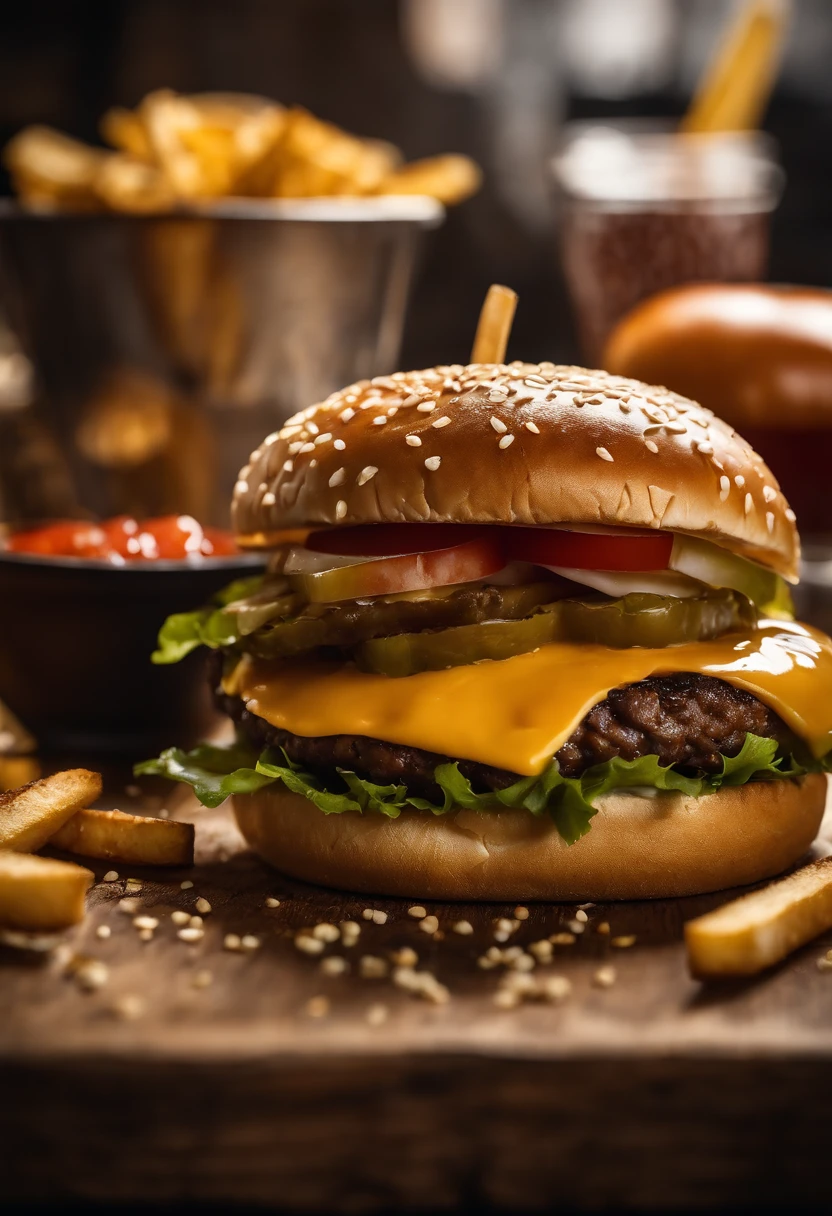 a top-down shot of a cheeseburger on a rustic wooden table, with sesame seeds sprinkled on the bun and a side of crispy golden fries, creating a classic American diner aesthetic